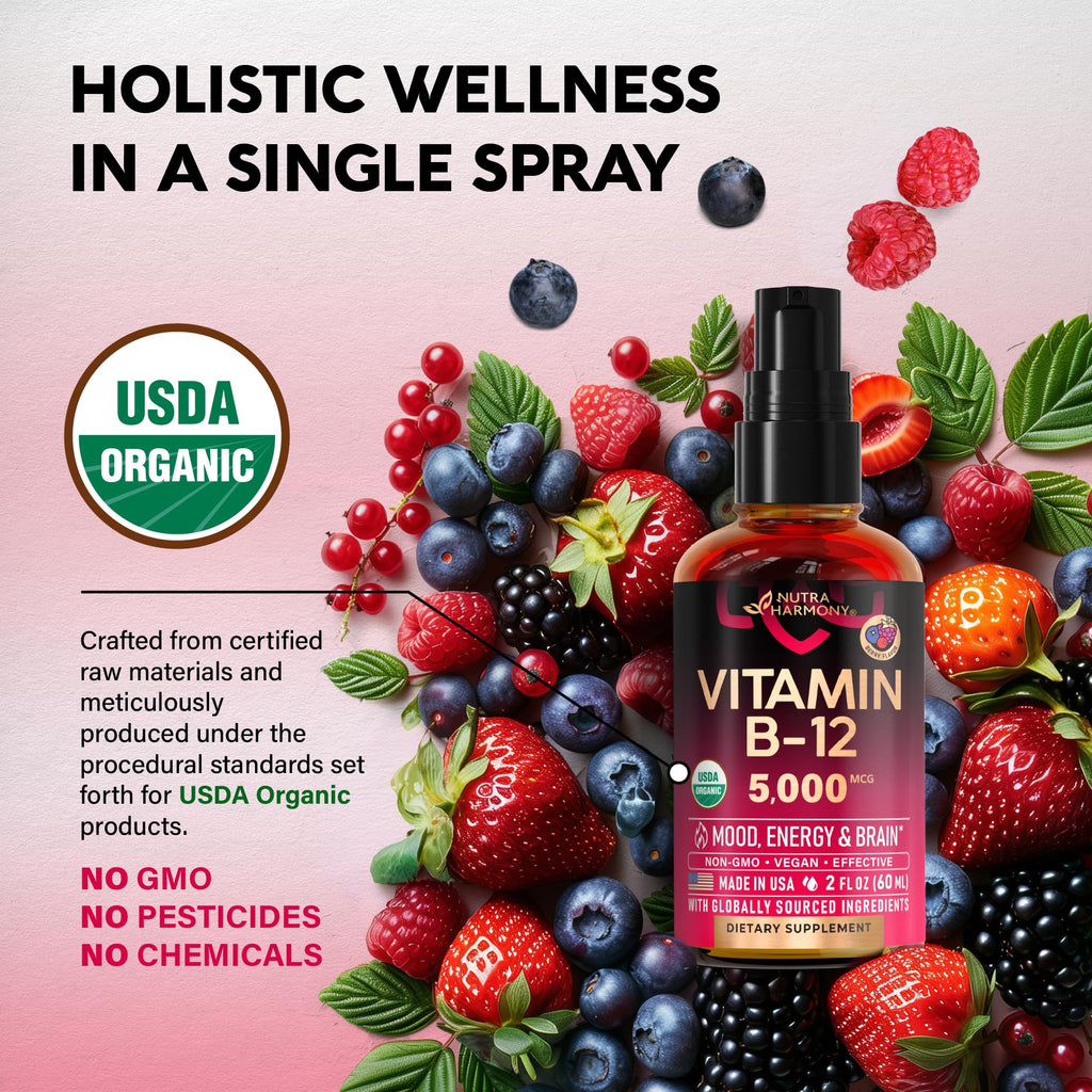 USDA Organic Vitamin B12 Sublingual Spray - 5000 mcg Liquid Vegan Methylcobalamin for Women & Men - Energy Boost, Focus & Mood, Brain Health Support - Maximize Absorption - 2 Month Supply, 2 fl oz
