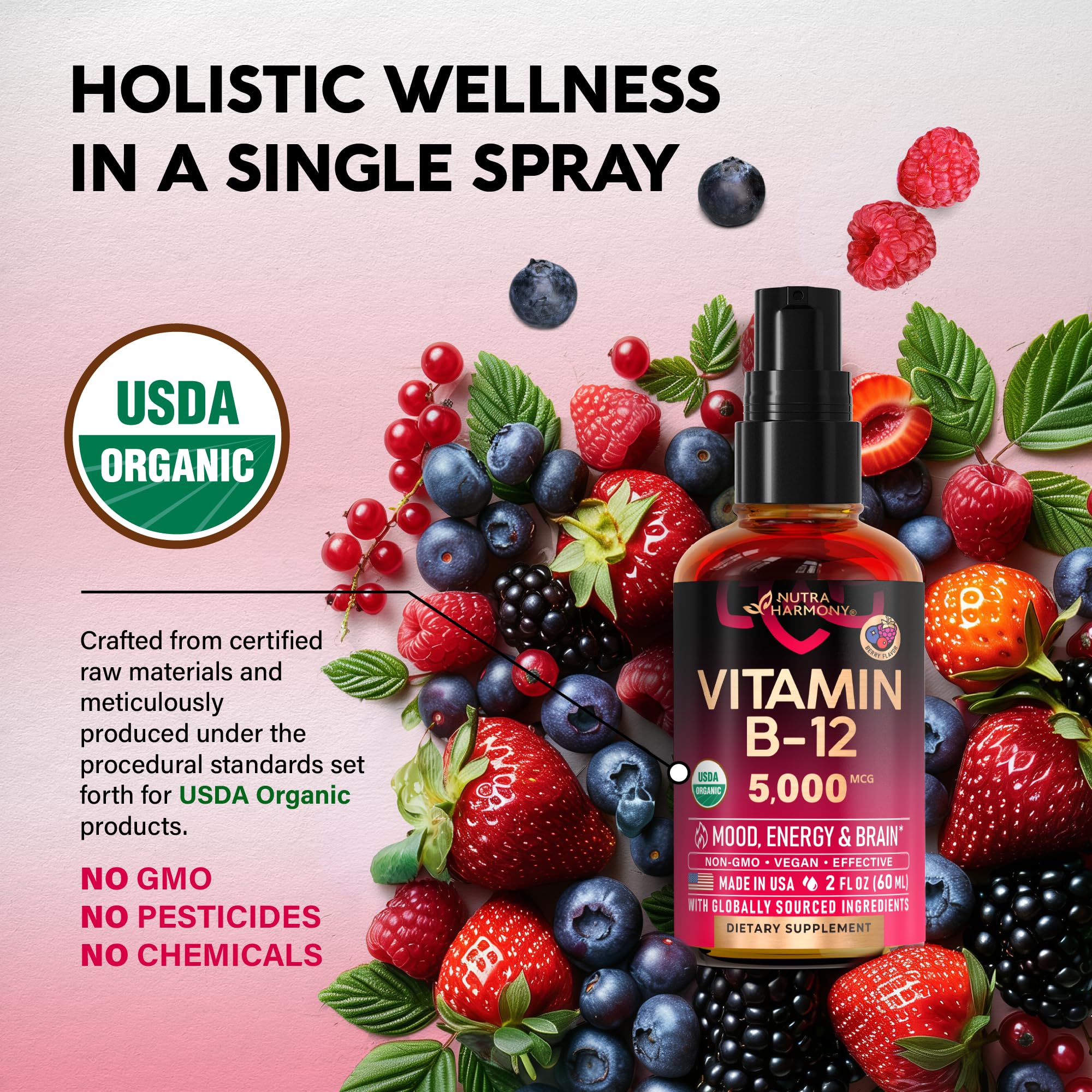 USDA Organic Vitamin B12 Sublingual Spray - 5000 mcg Liquid Vegan Methylcobalamin for Women & Men - Energy Boost, Focus & Mood, Brain Health Support - Maximize Absorption - 2 Month Supply, 2 fl oz