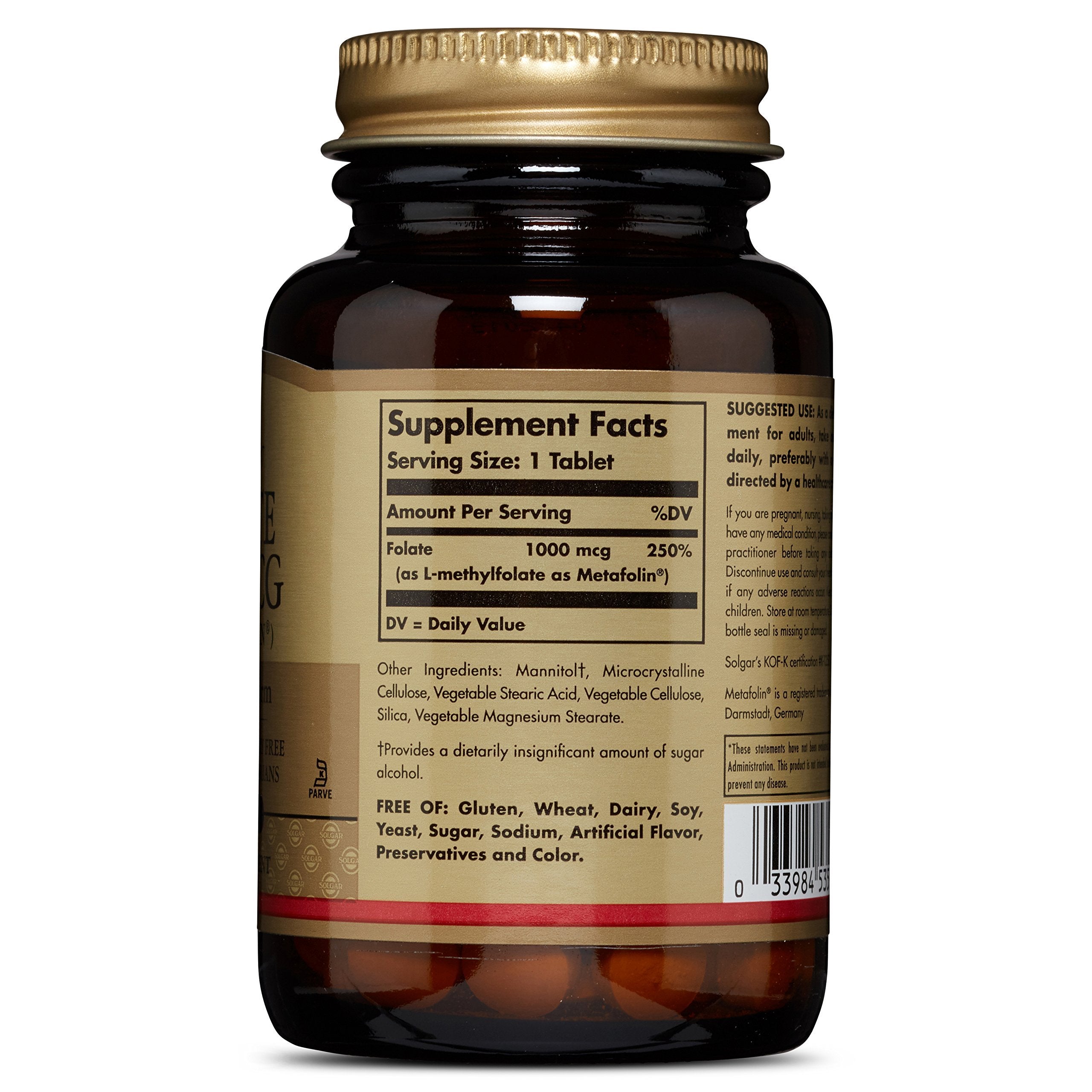 Solgar Folate 1000 mcg, 120 Tablets - 1000 mcg Bio-Active Metafolin - Vegan, Gluten Free, Dairy Free, Kosher - 120 Servings,(Pack of 2)