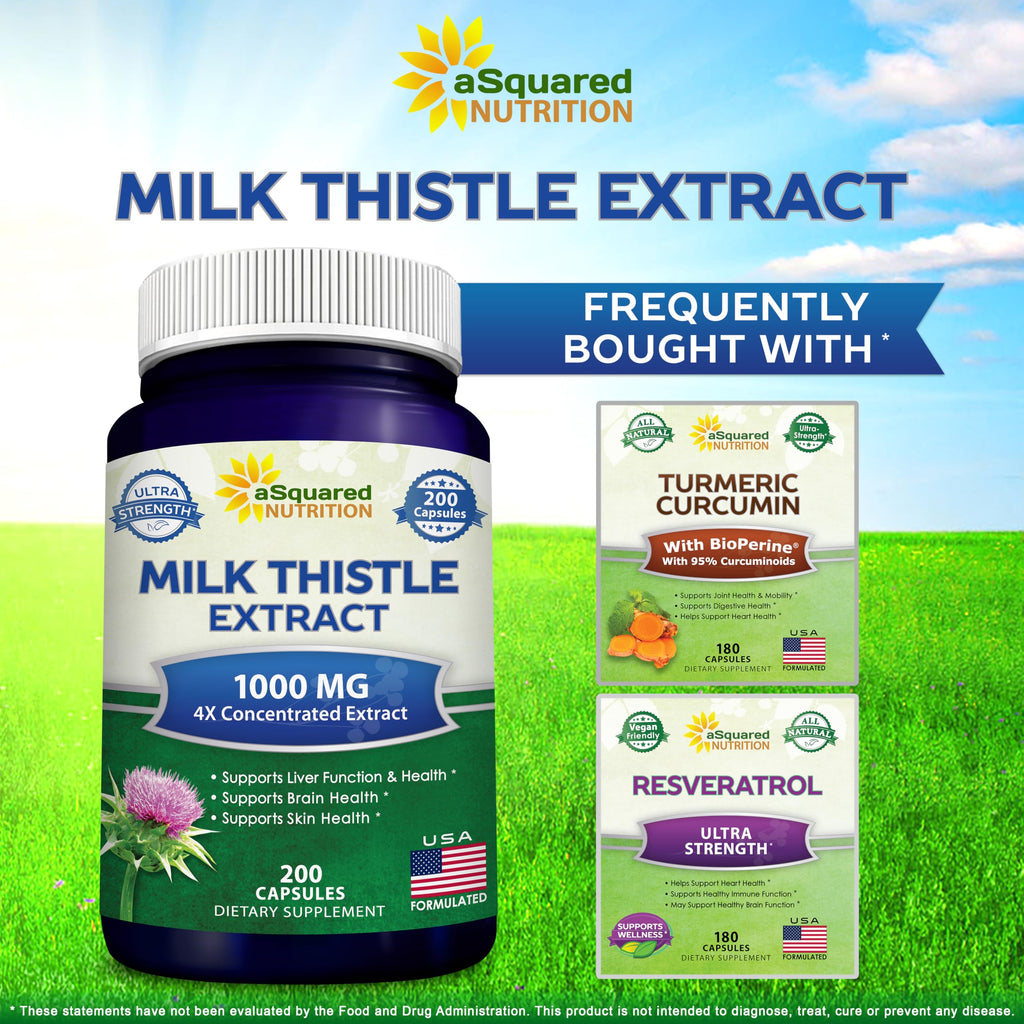 aSquared Nutrition Milk Thistle Supplement - 200 Capsules, 4X Concentrated Extract 4:1 Milk Thistle Seed Powder Herb Pills, Silymarin Extract for Liver Support, Cleanse, Detox - 250mg Per Capsule