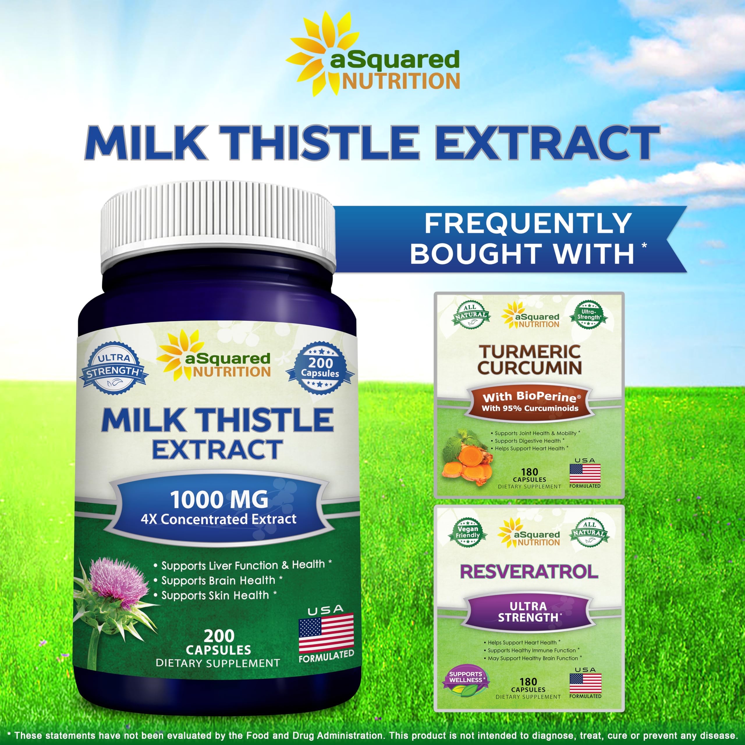 aSquared Nutrition Milk Thistle Supplement - 200 Capsules, 4X Concentrated Extract 4:1 Milk Thistle Seed Powder Herb Pills, Silymarin Extract for Liver Support, Cleanse, Detox - 250mg Per Capsule