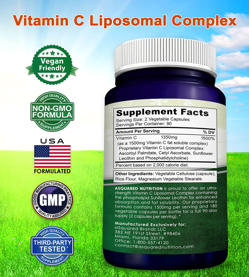 aSquared Nutrition Vitamin C Liposomal Complex - 1500mg Supplement - 180 Capsules - High Absorption VIT C Ascorbic Acid Pills - Supports Immune System & Collagen Health - 90 Servings