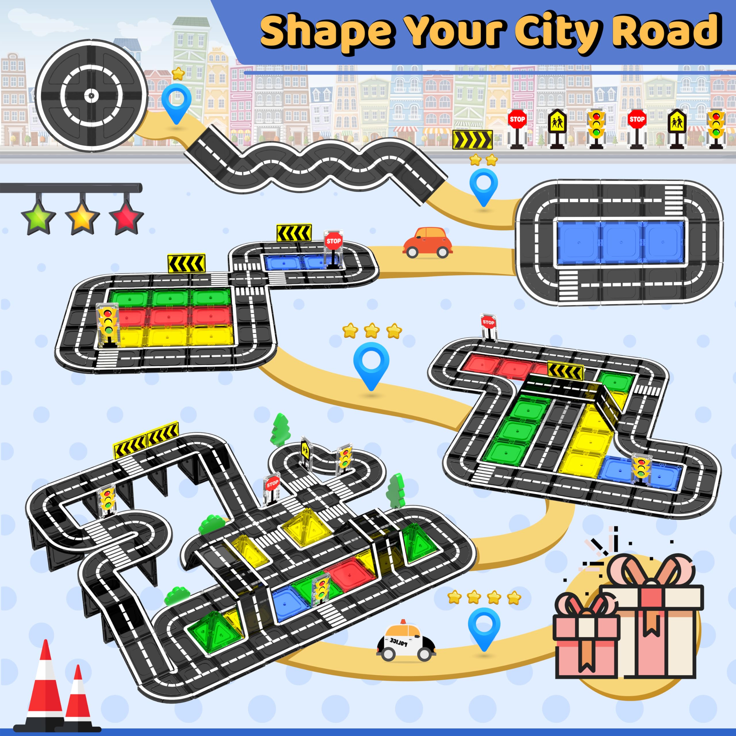 Magnetic Tiles - Road Set, Magnetic Building Blocks, Preschool Montessori Toys Gift for 3+ Year Old Boys and Girls, Sensory Christmas Toys for Kids Aged 3-5 and 4-8, Ideas for Kid with Autism