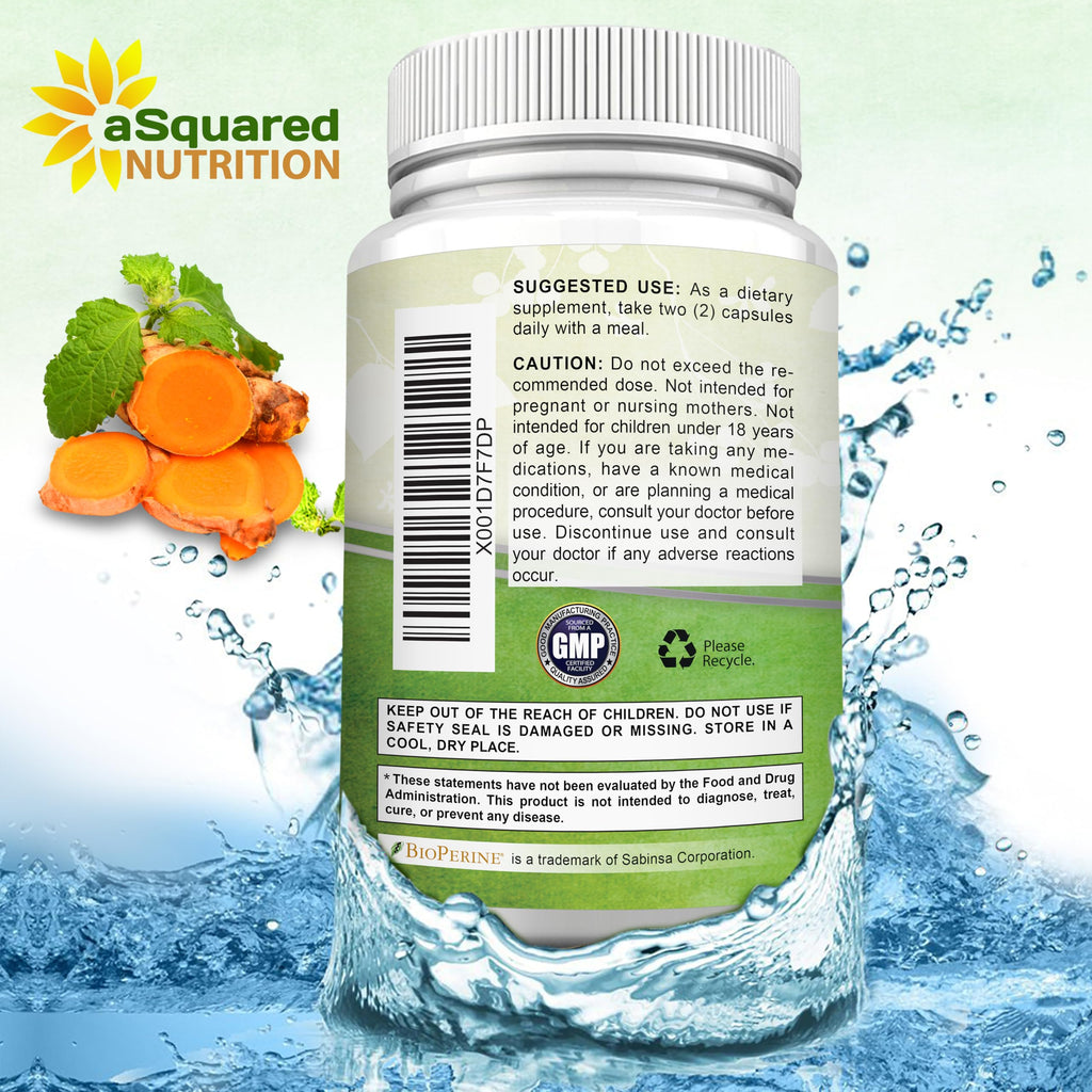 aSquared Nutrition Turmeric Curcumin 1600mg with BioPerine Black Pepper Extract - 180 Capsules with 95% Curcuminoids, 100% Natural Tumeric Root Powder Supplements, Natural Joint Stiffness Relief Pills