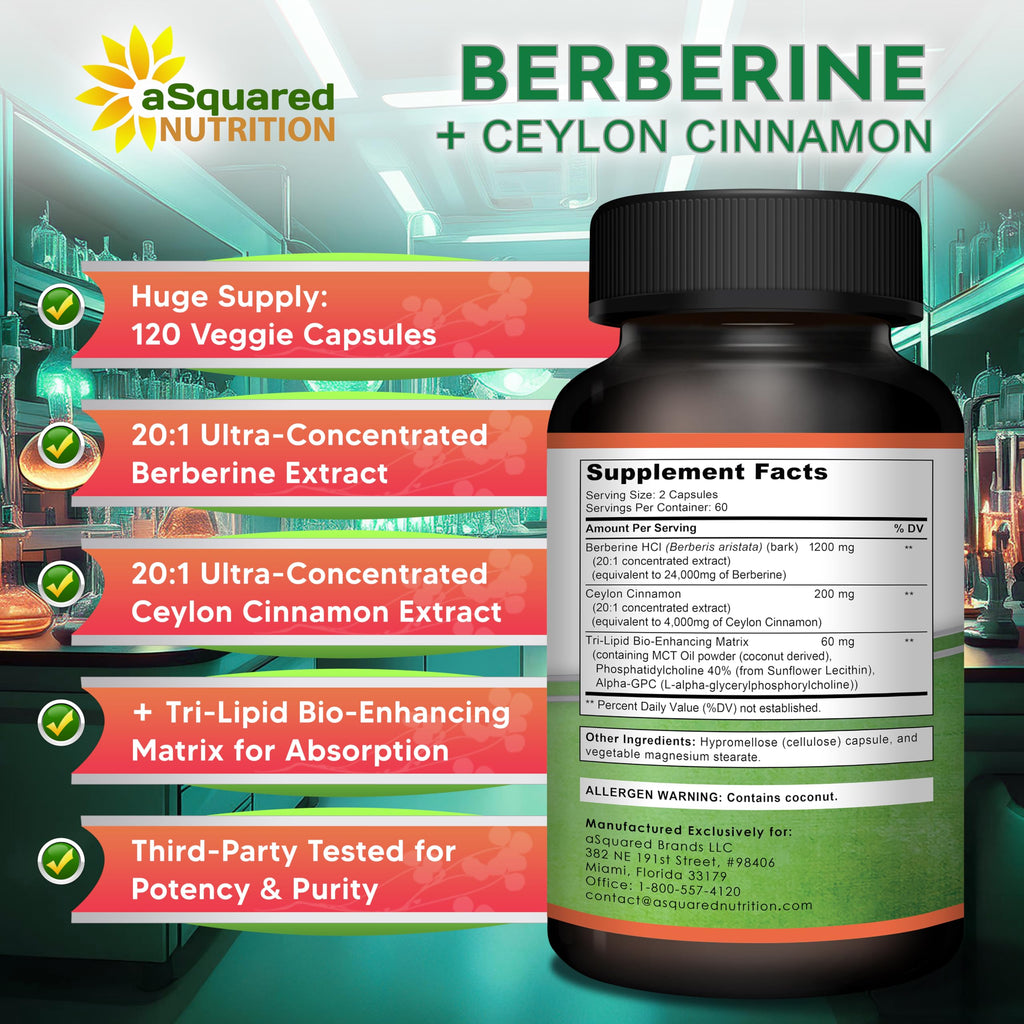 aSquared Nutrition Berberine with Ceylon Cinnamon Supplement - Max Strength Complex - 120 Capsules - Berberine HCl 1200mg Per Serving - Extract Plus Pills Alternative to Gummies & Drops (Pack of 2)