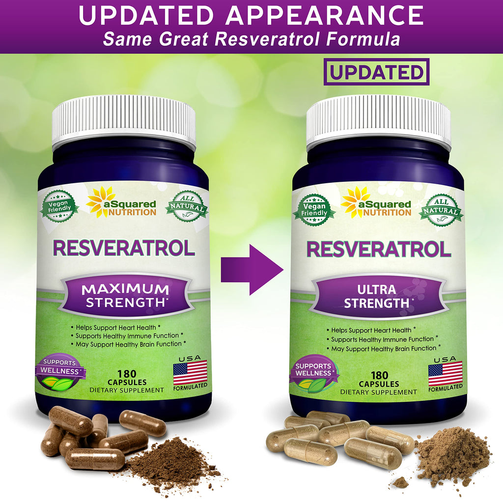 100% Natural Resveratrol - 1000mg Per Serving Max Strength (180 Capsules) Antioxidant Supplement, Trans-Resveratrol Pills for Heart Health & Pure, Polyphenols (Pack of 2)