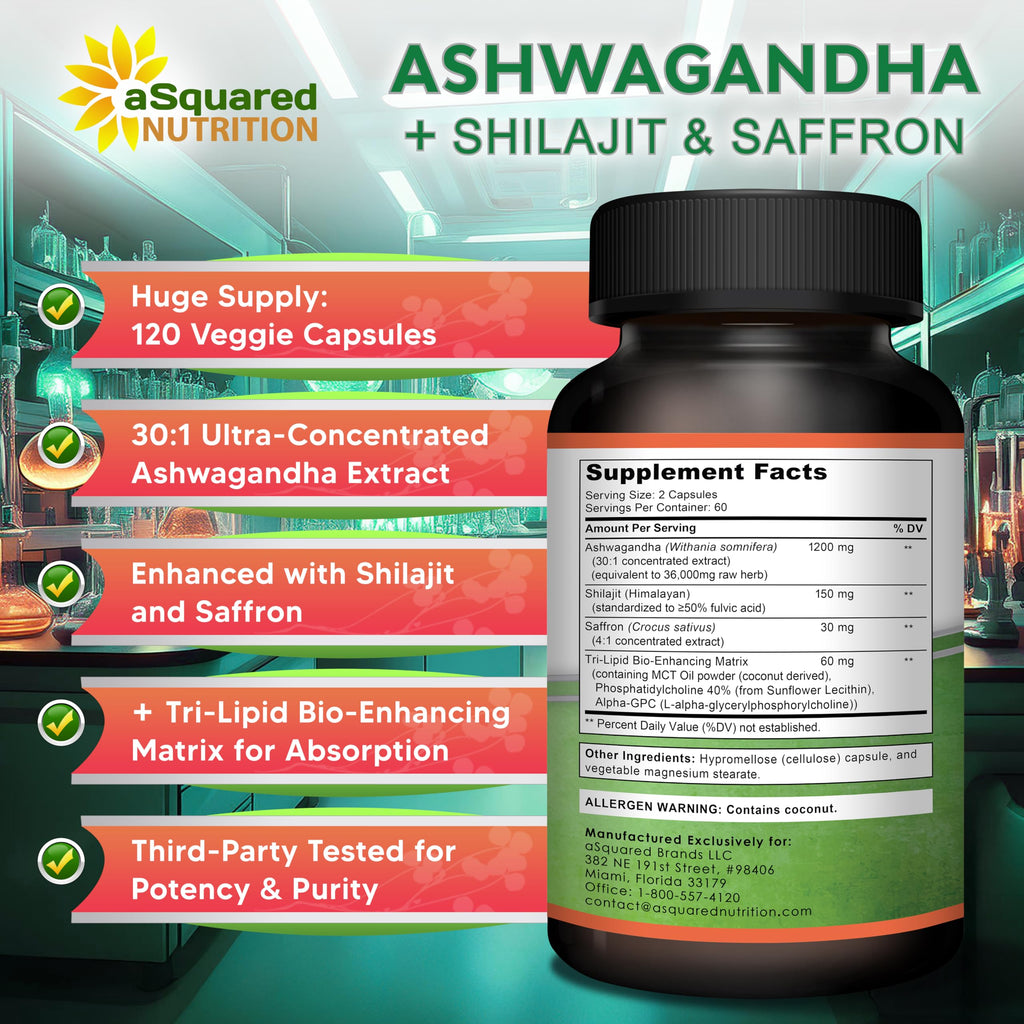aSquared Nutrition Ashwagandha Supplements for Men & Women + Shilajit & Saffron - 120 Capsules - Pure Root Powder Complex - Pills Alternative to Gummies & Drops