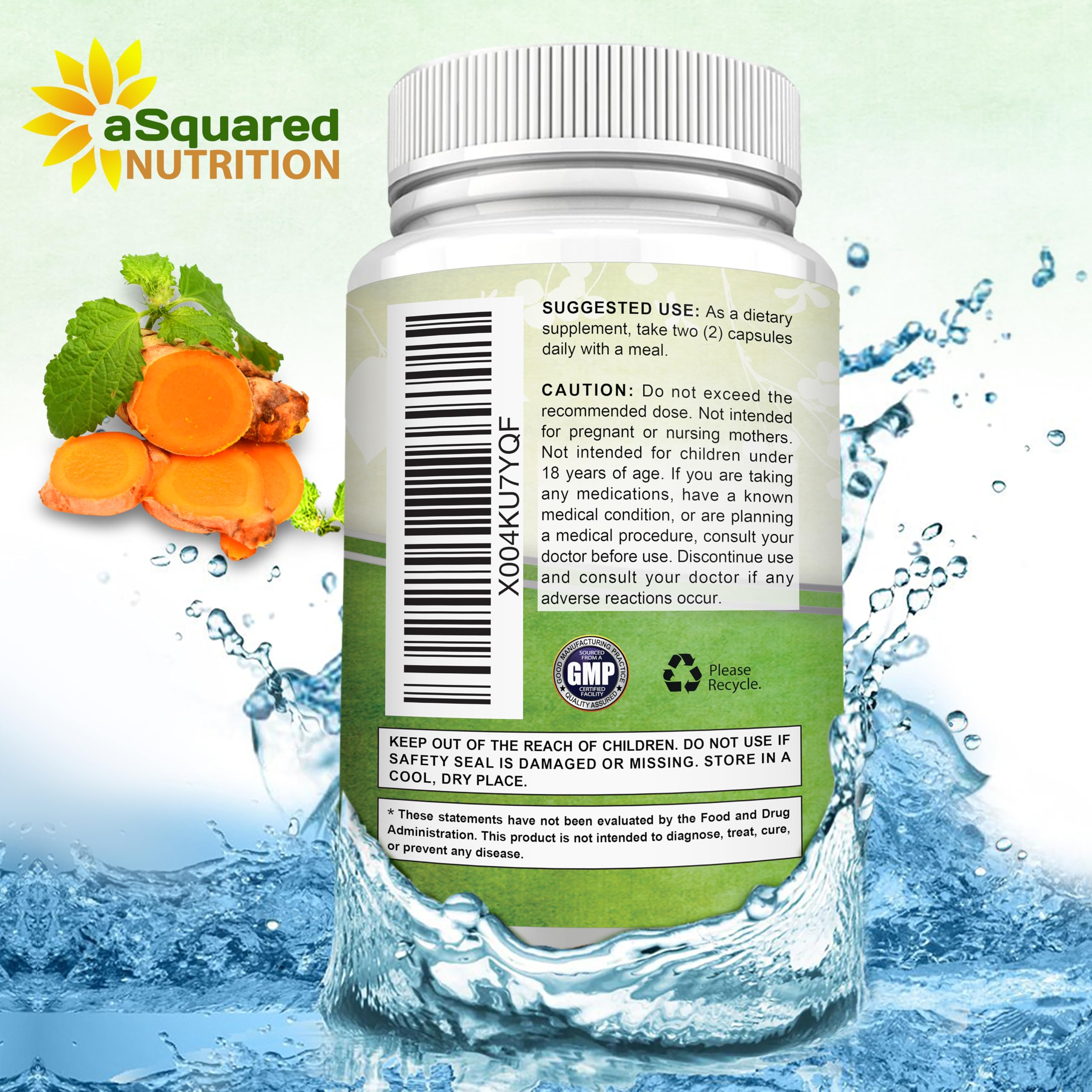 aSquared Nutrition Turmeric Curcumin 1300mg with BioPerine Black Pepper Extract Supplement - 60 Capsules - with 95% Curcuminoids - Natural Tumeric Root Powder Joint Pills