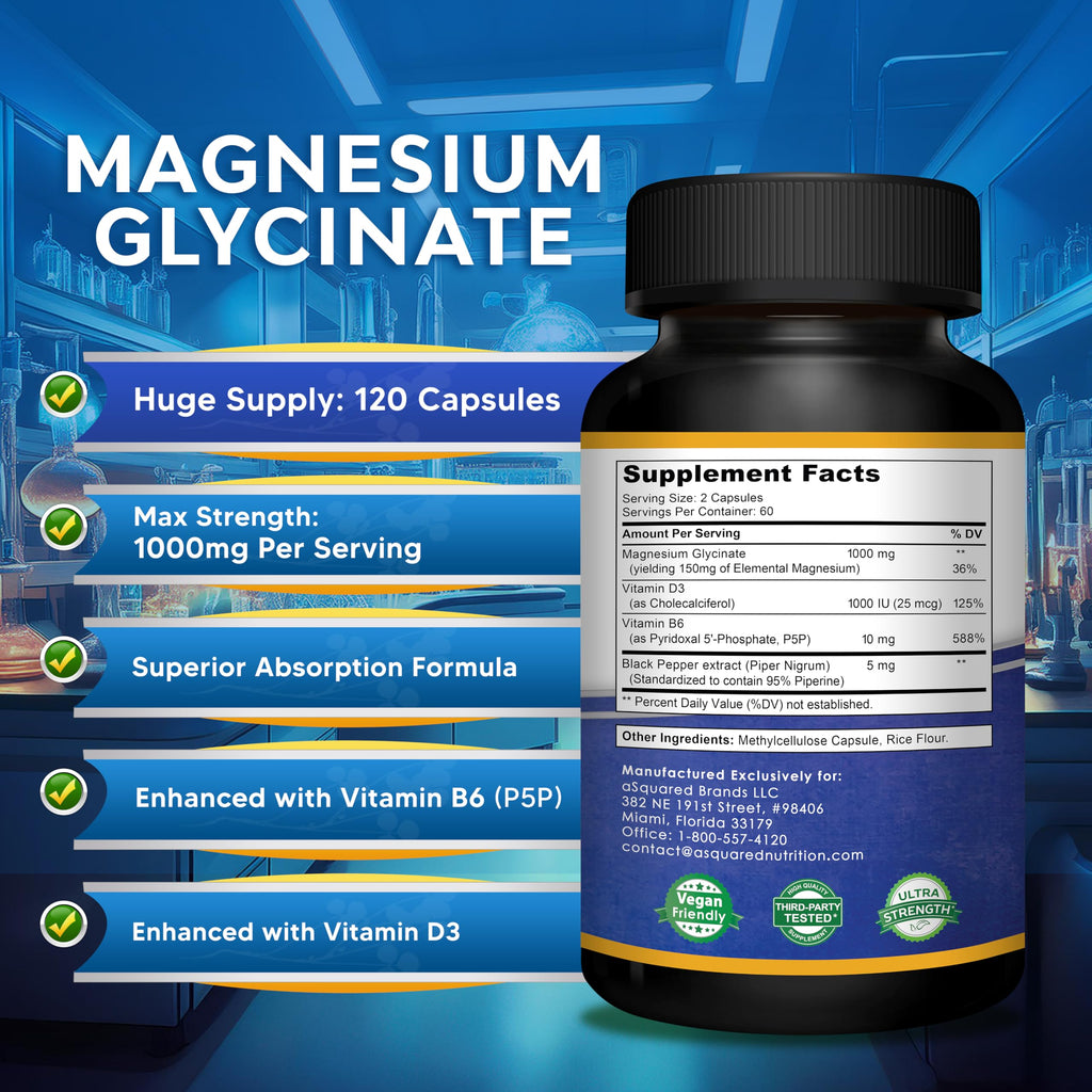 Magnesium Glycinate 1000mg with Vitamin D3 & B6-500mg per Capsule - Pure Elemental Mag Supplement Complex for Sleep, Muscle, Bone Health - Replace Gummies, Tablets & Powder - 120 Capsules