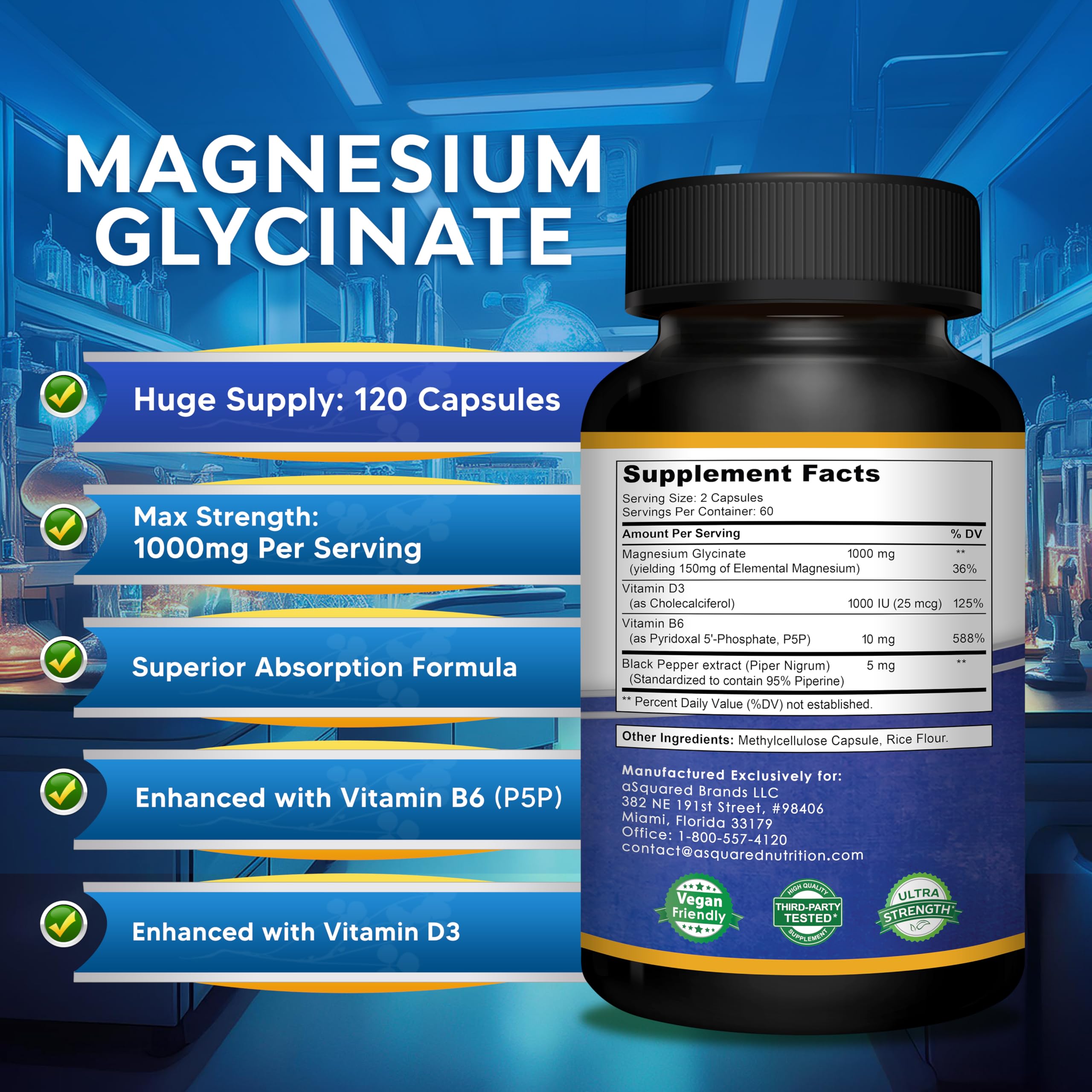Magnesium Glycinate 1000mg with Vitamin D3 & B6-500mg per Capsule - Pure Elemental Mag Supplement Complex for Sleep, Muscle, Bone Health - Replace Gummies, Tablets & Powder - 120 Capsules