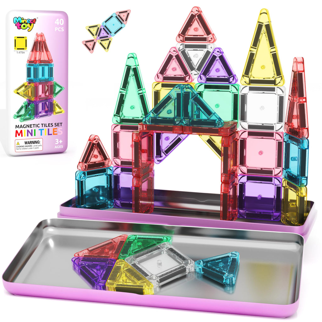 40PCS Magnetic Tiles Mini Travel Essentials Toddler Toys with Case Set, Preschool Montessori Education Magnetic Building Blocks Games Sensory Toys for 3 4 5 Year Old Boys Girls Birthday Gifts