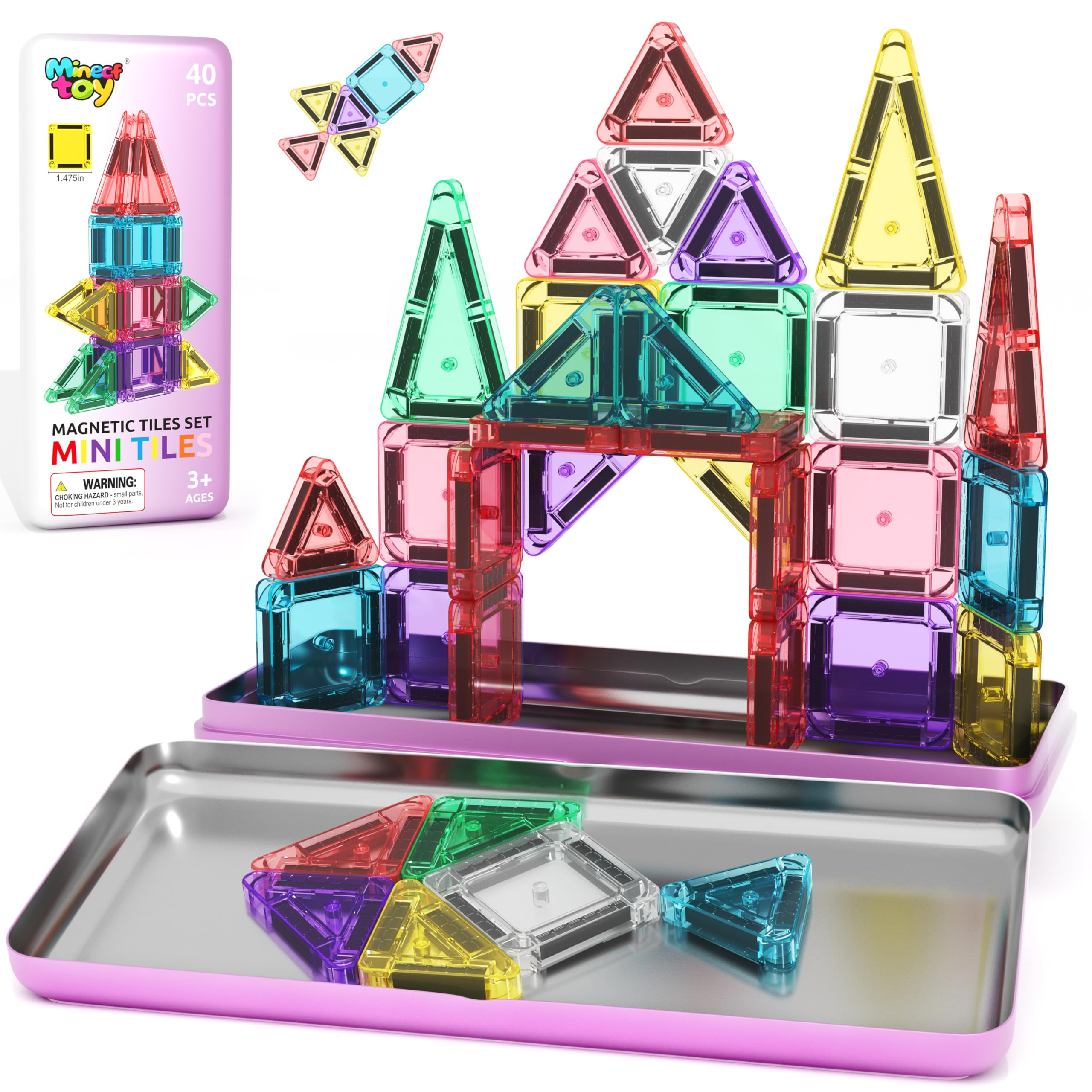 40PCS Magnetic Tiles Mini Travel Essentials Toddler Toys with Case Set, Preschool Montessori Education Magnetic Building Blocks Games Sensory Toys for 3 4 5 Year Old Boys Girls Birthday Gifts