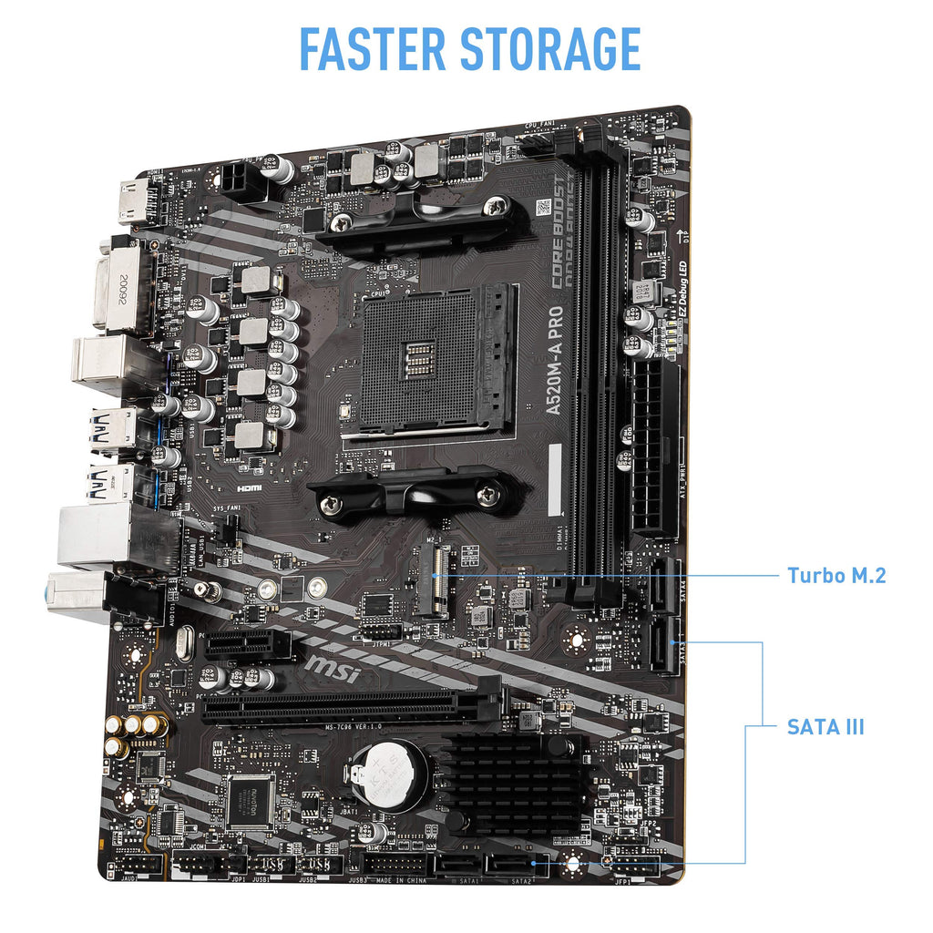 MSI A520M-A PRO Gaming Motherboard (AMD Ryzen 5000, AM4, DDR4, PCIe 3.0, SATA 6Gb/s, M.2, USB 3.2 Gen 1, DVI/HDMI, Micro-ATX)
