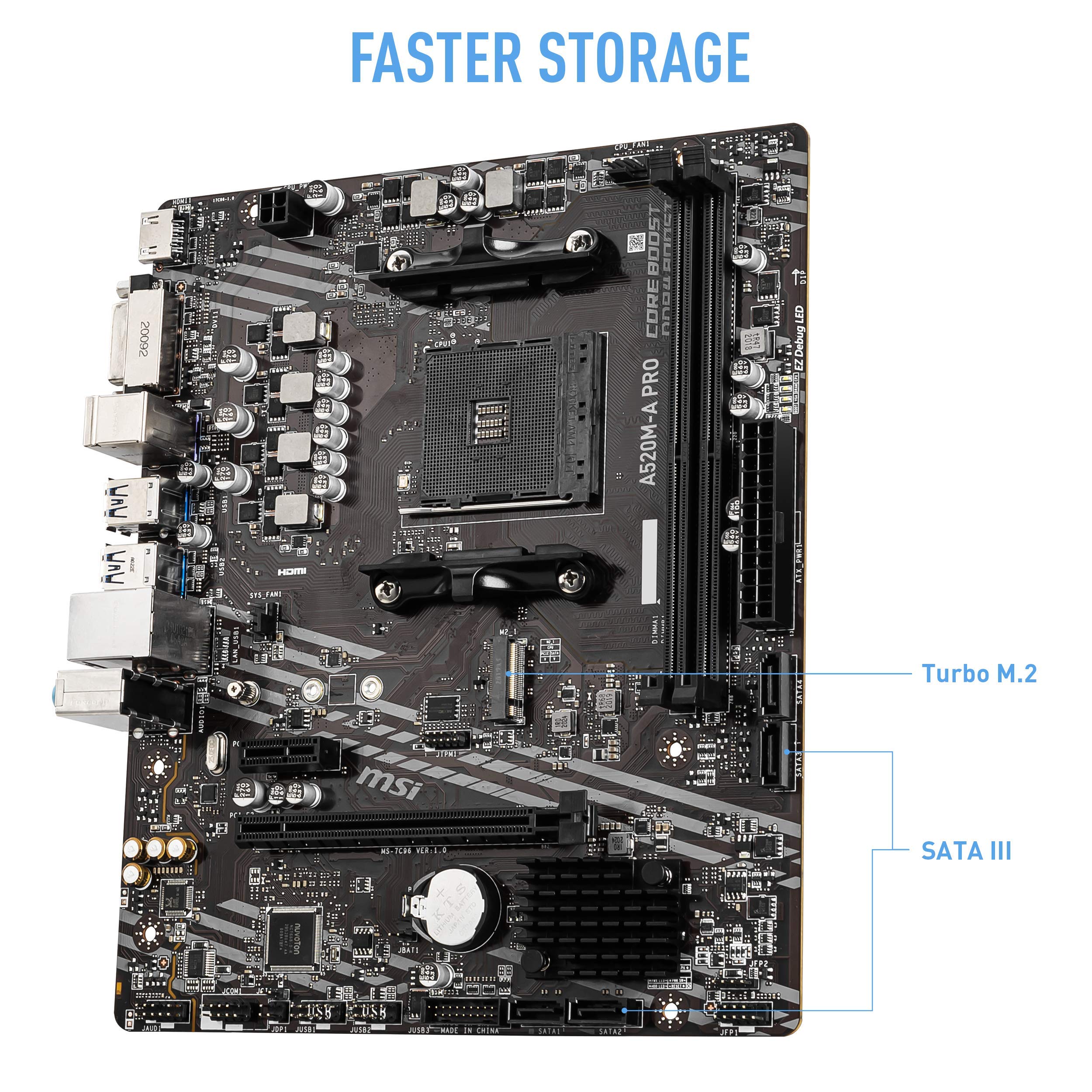 MSI A520M-A PRO Gaming Motherboard (AMD Ryzen 5000, AM4, DDR4, PCIe 3.0, SATA 6Gb/s, M.2, USB 3.2 Gen 1, DVI/HDMI, Micro-ATX)