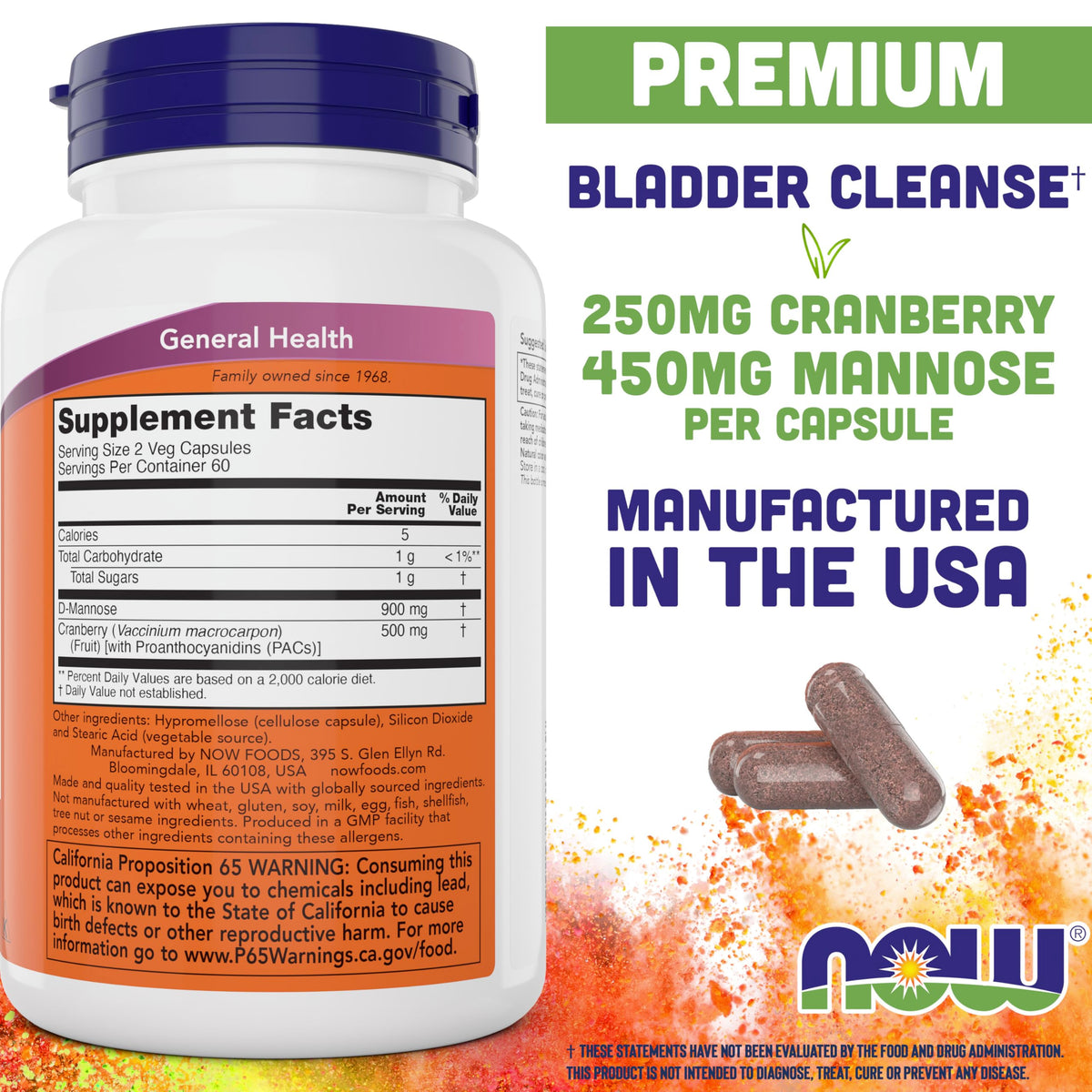 NOW Foods Mannose Cranberry, 120 Veg Capsules, PAC, 450mg dMannose, 250mg Whole Cranberry, Vegan Friendly Supplement, Non-GMO