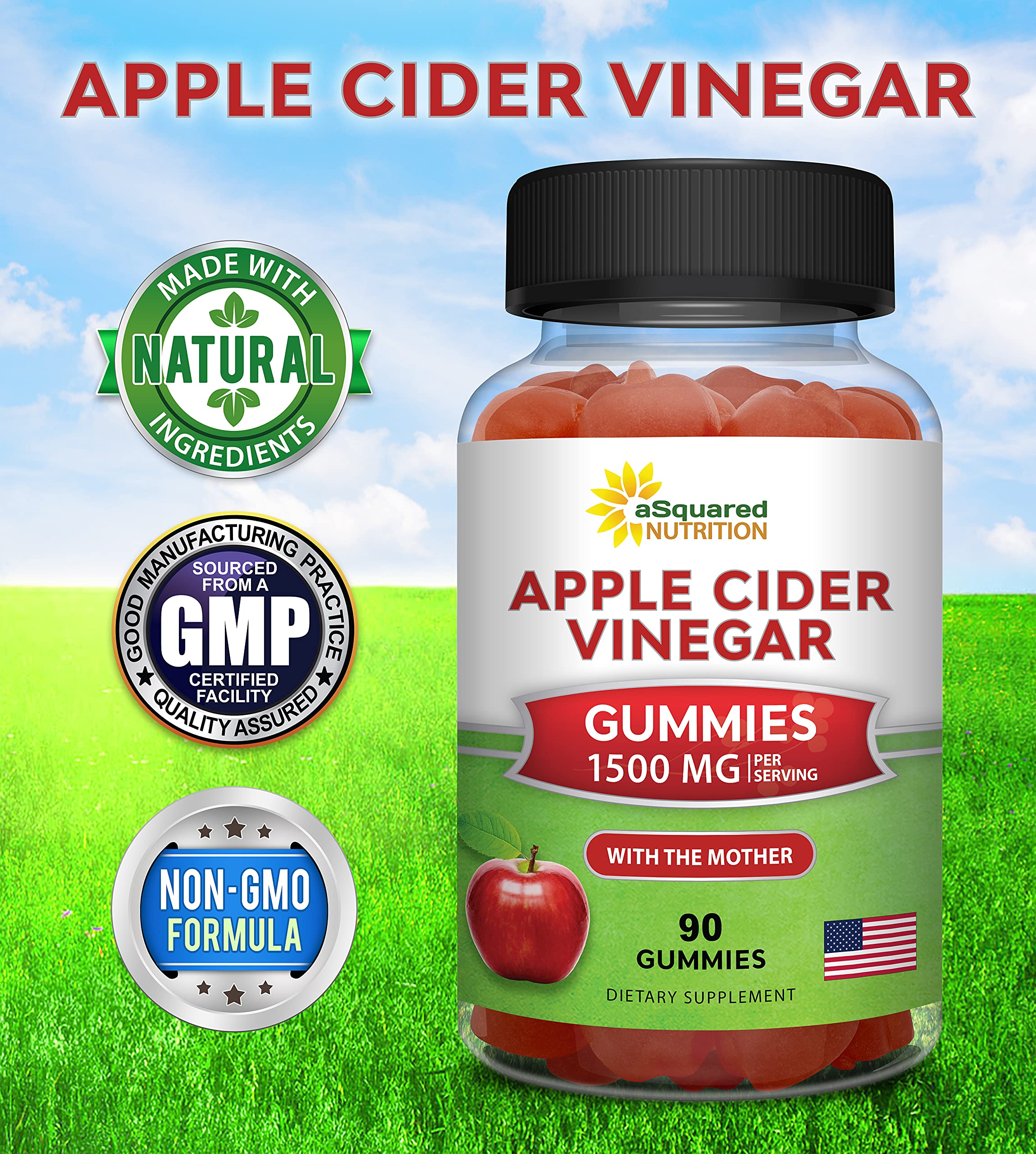 aSquared Nutrition Apple Cider Vinegar Gummies - 1500mg Per Serving - with The Mother - 90 ACV Gummies w/Vitamin B6 & B12, Folic Acid - Vegan Gummy Supplement Alternative to Capsules Pills & Drink