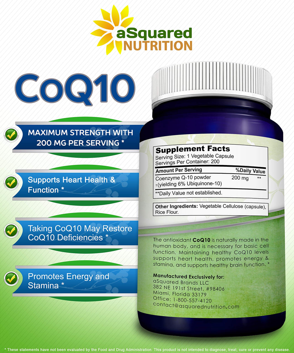 aSquared Nutrition CoQ10 (200 Capsules and 200mg) - High Absorption Vegan CO Q-10 Powder - Enzyme Ubiquinone Supplement Pills, Extra Antioxidant Coenzyme Q10 Vitamin, Coq 10 Alernative to Softgels