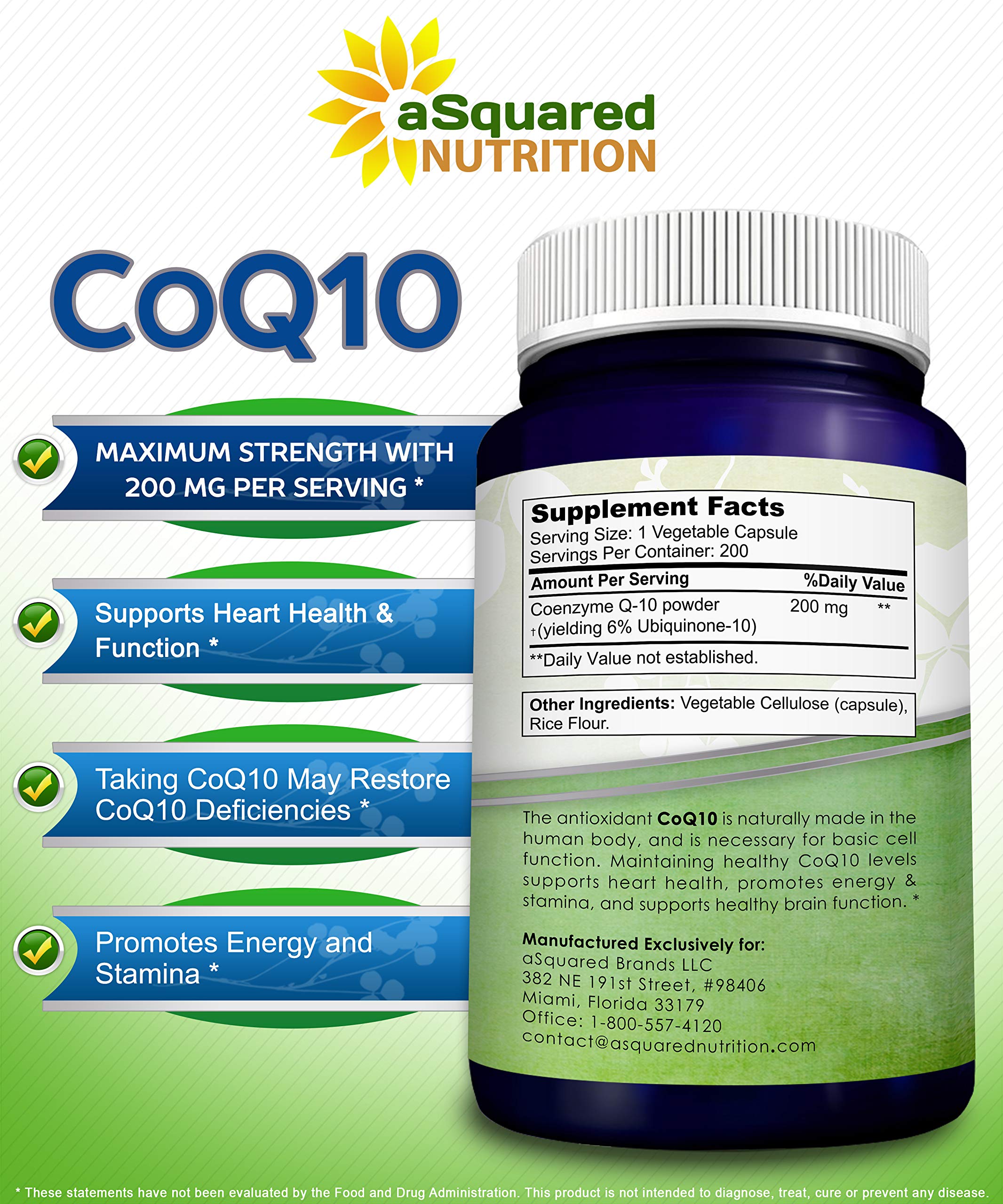 aSquared Nutrition CoQ10 (200 Capsules and 200mg) - High Absorption Vegan CO Q-10 Powder - Enzyme Ubiquinone Supplement Pills, Extra Antioxidant Coenzyme Q10 Vitamin, Coq 10 Alernative to Softgels