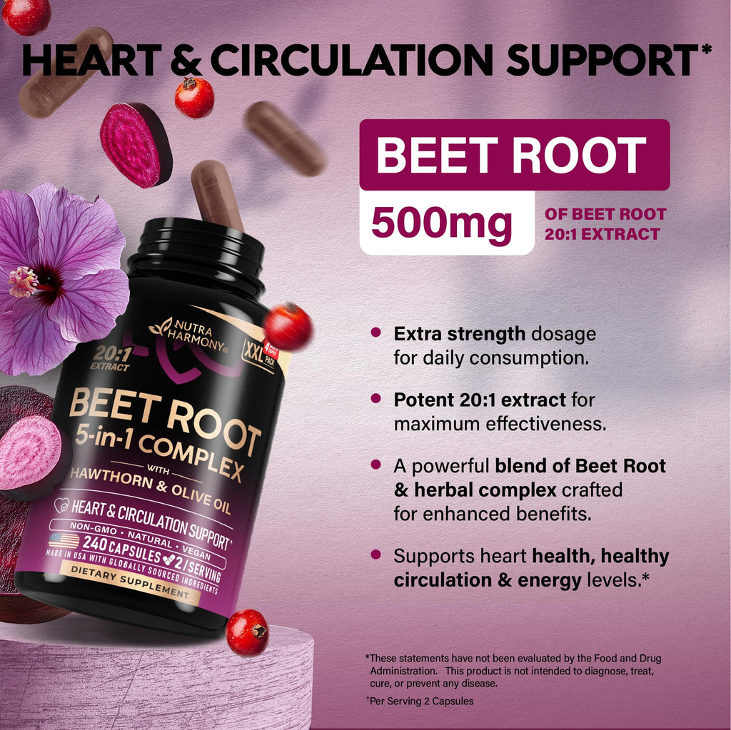 Beet Root 5-in-1 Complex Capsules - Healthy Blood Pressure Support Supplement** for Heart & Circulation Support - with Hawthorn Berry, Hibiscus & Garlic - for Men & Women - Lab Tested, 240 Capsules