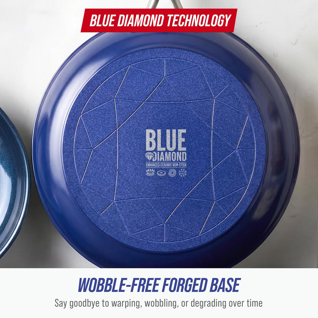 Blue Diamond 2 Piece Nonstick Frying Pan Set, 9.5” & 11" Skillets, PFAS-Free Ceramic, Dishwasher & Oven Safe, Stainless Steel Handle, Durable Metal Utensil Safe, Egg & Omelet Pans, Blue