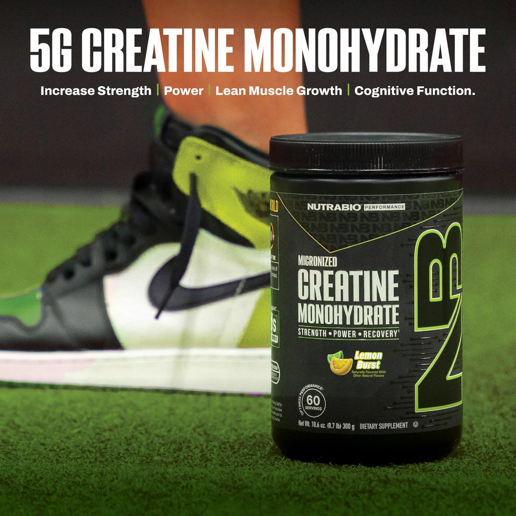 NutraBio Pure Micronized Creatine Monohydrate Powder Supplement, Lemon Burst, (300 g) - Supports Bulk Muscle Energy, Recovery, and Strength - HPLC Tested Creatine Powder Supplement for Men and Women