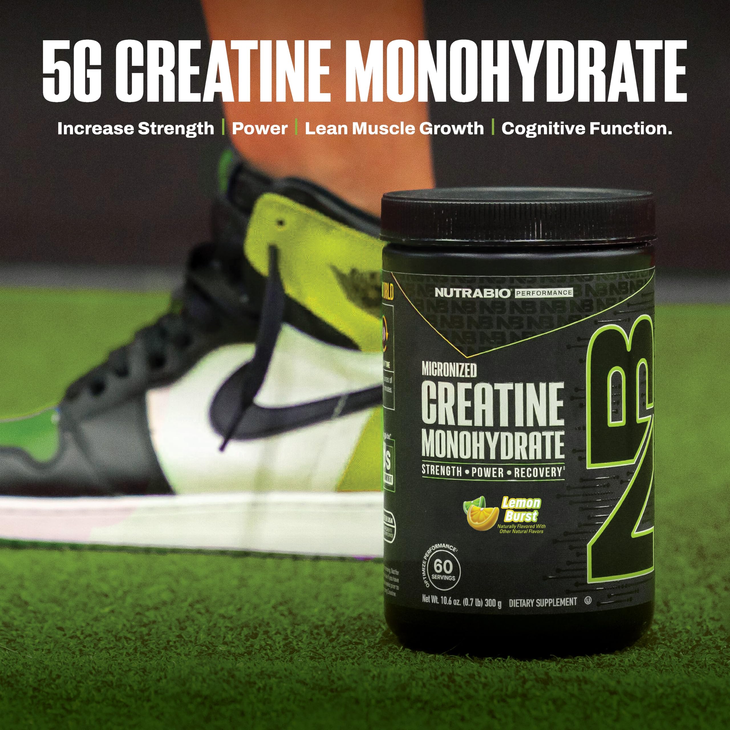 NutraBio Pure Micronized Creatine Monohydrate Powder Supplement, Lemon Burst, (300 g) - Supports Bulk Muscle Energy, Recovery, and Strength - HPLC Tested Creatine Powder Supplement for Men and Women