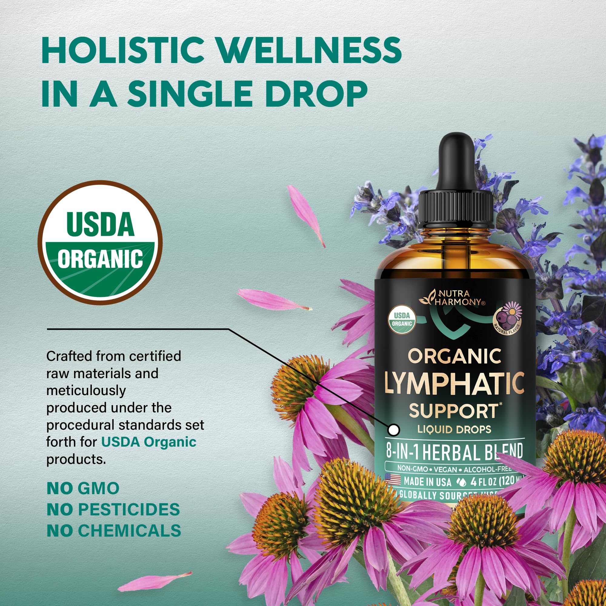 USDA Organic Lymphatic Drainage Supplement - Echinacea | Elderberry | Dandelion | Rosehip | Cleavers | Calendula | Burdock - Lab Tested - Lymph System Drops - Immune Support, Cleanse & Detox, 4 fl oz