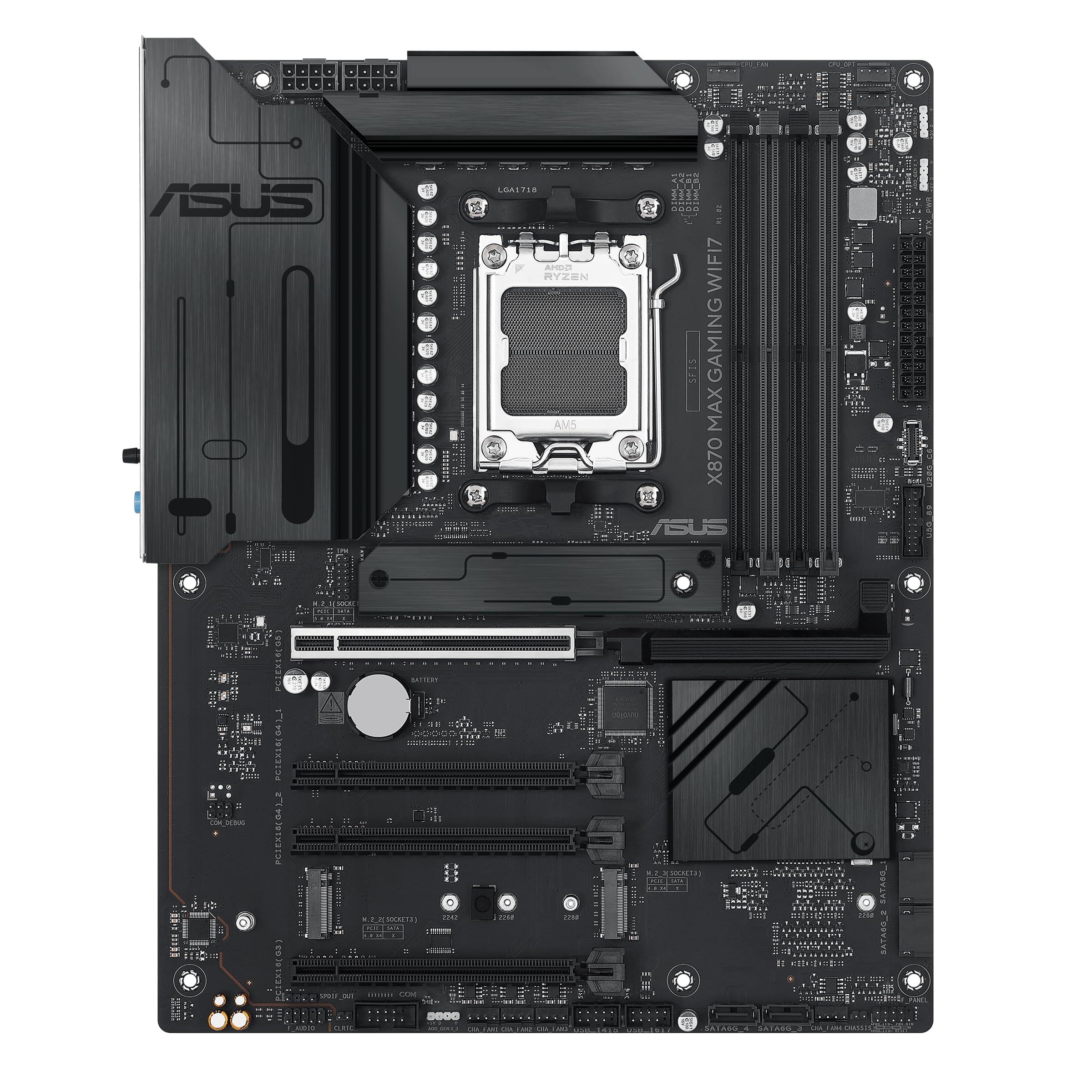ASUS X870 MAX Gaming WIFI7 AMD AM5 ATX Motherboard, 12+2+1 80A DrMOS, DDR5, PCIe 5.0 x16 Q-Release, 3X M.2, Wi-Fi 7 Q-Antenna, 2.5Gb LAN, USB4® Type-C®, USB-C® 20Gbps, BIOS Flashback™, Aura Sync