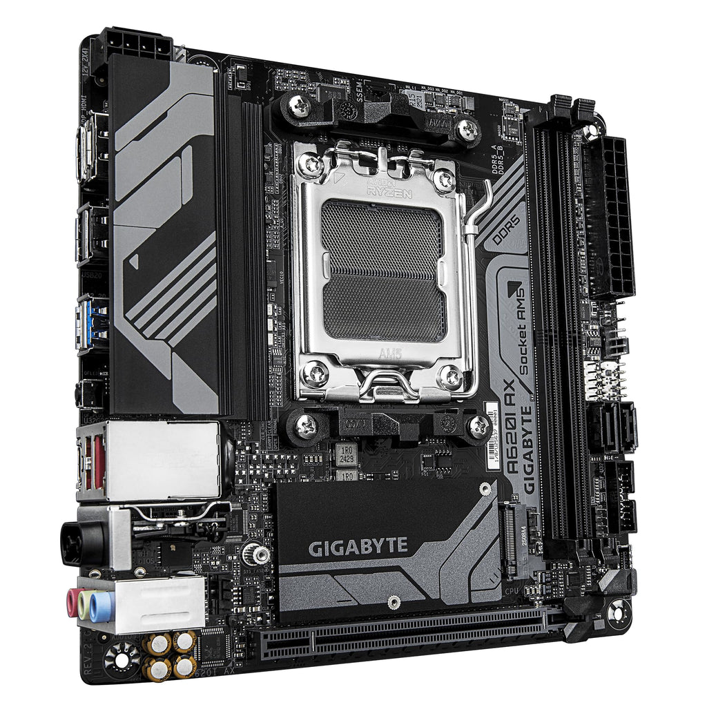 GIGABYTE A620I AX (AM5/ LGA 1718/ AMD/ A620/ Mini-ITX/ 5-Year Warranty/ DDR5/ Single M.2/ PCIe 4.0/ USB 3.2 Gen1 Type-C/Realtek Wi-Fi 6E/ Realtek 2.5GbE/ Q-Flash Plus/PCIe EZ-Latch/Motherboard)