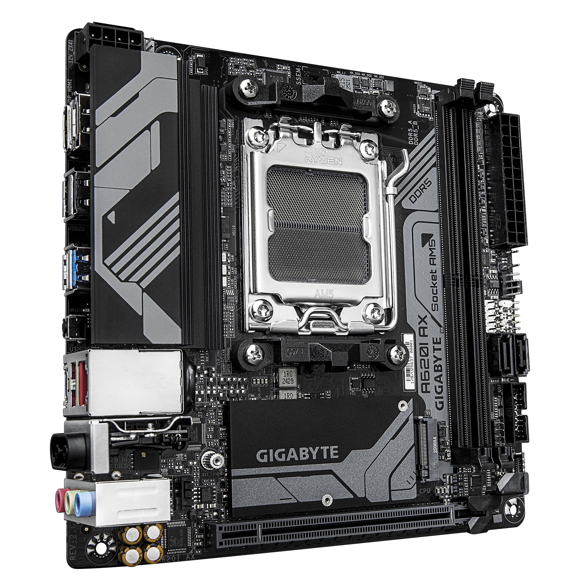 GIGABYTE A620I AX (AM5/ LGA 1718/ AMD/ A620/ Mini-ITX/ 5-Year Warranty/ DDR5/ Single M.2/ PCIe 4.0/ USB 3.2 Gen1 Type-C/Realtek Wi-Fi 6E/ Realtek 2.5GbE/ Q-Flash Plus/PCIe EZ-Latch/Motherboard)