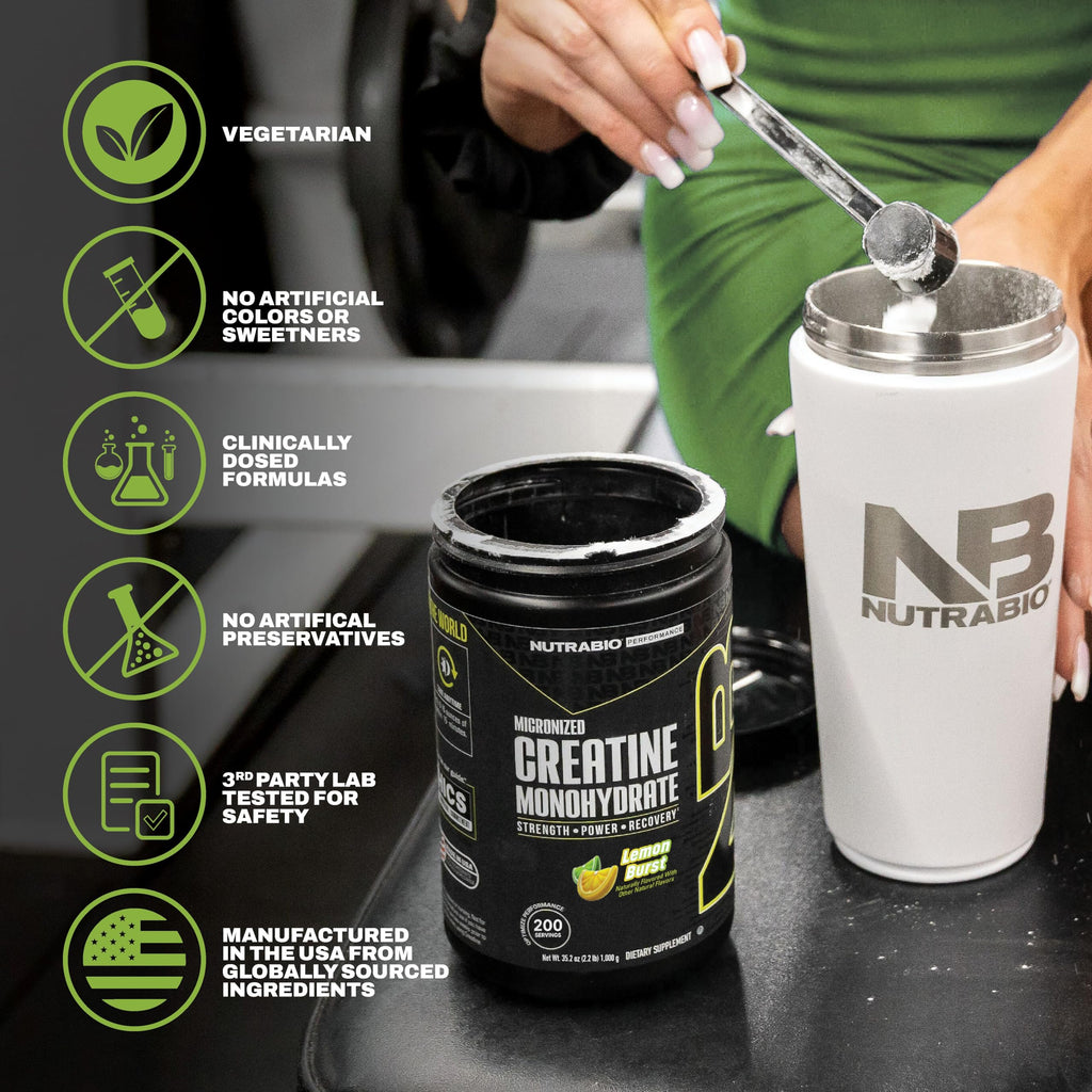 NutraBio Pure Micronized Creatine Monohydrate Powder Supplement, Lemon Burst, (300 g) - Supports Bulk Muscle Energy, Recovery, and Strength - HPLC Tested Creatine Powder Supplement for Men and Women
