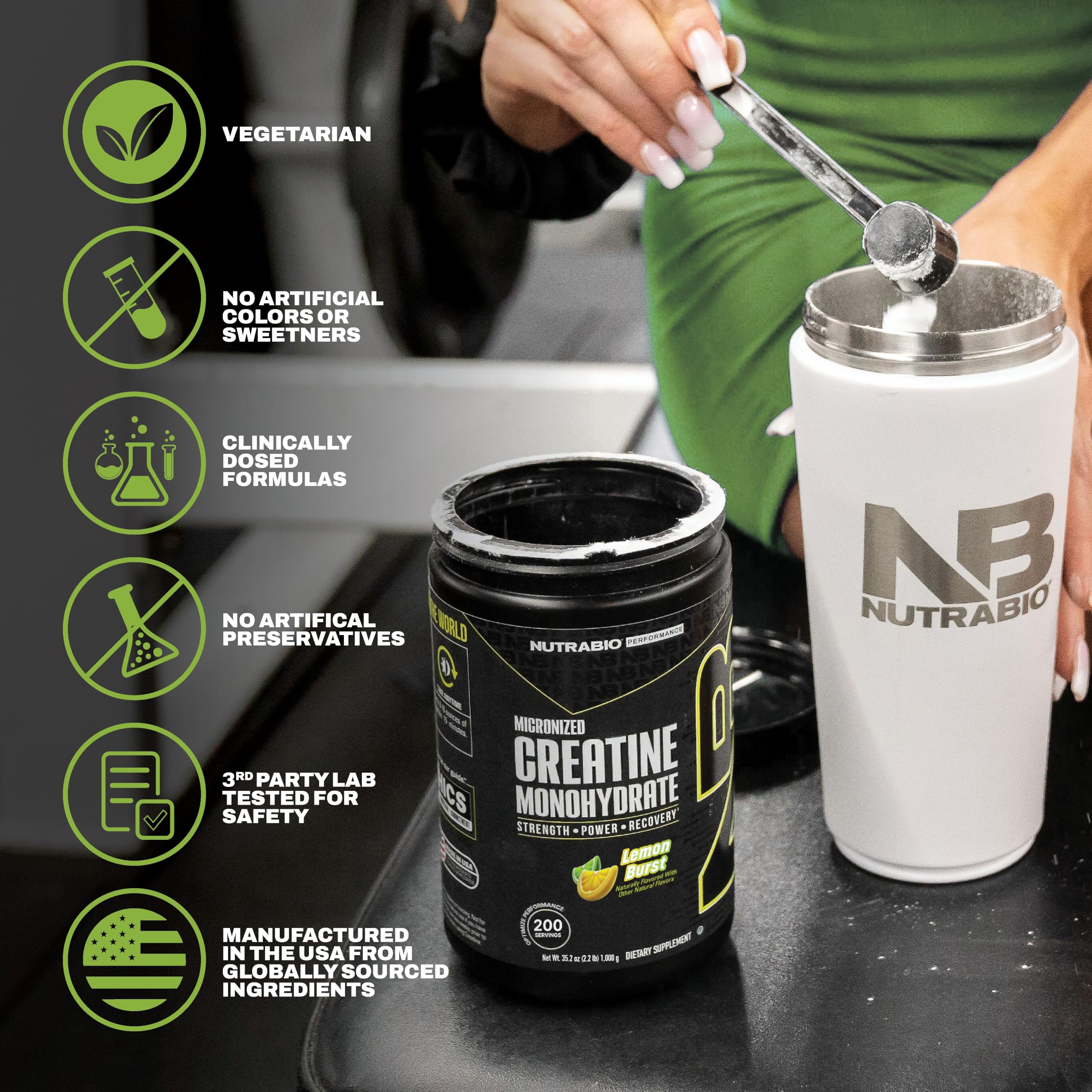 NutraBio Pure Micronized Creatine Monohydrate Powder Supplement, Lemon Burst, (300 g) - Supports Bulk Muscle Energy, Recovery, and Strength - HPLC Tested Creatine Powder Supplement for Men and Women
