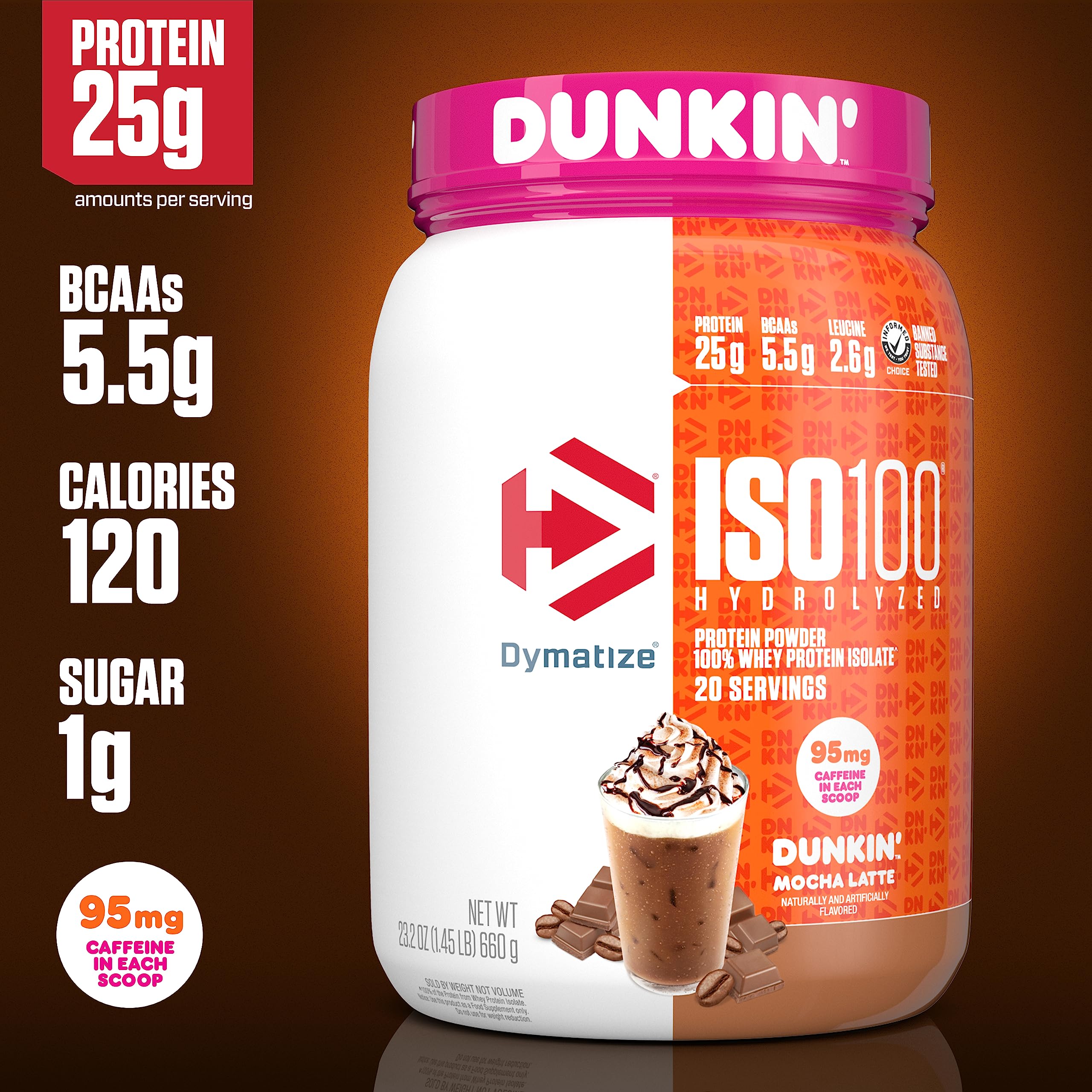 Dymatize ISO100 Hydrolyzed Protein Powder, 100% Whey Isolate, Dunkin' Glazed Donut Flavor, 20 Servings & ISO100 Hydrolyzed Protein Powder in Dunkin' Mocha Latte Flavor, 100% Whey Isolate Protein