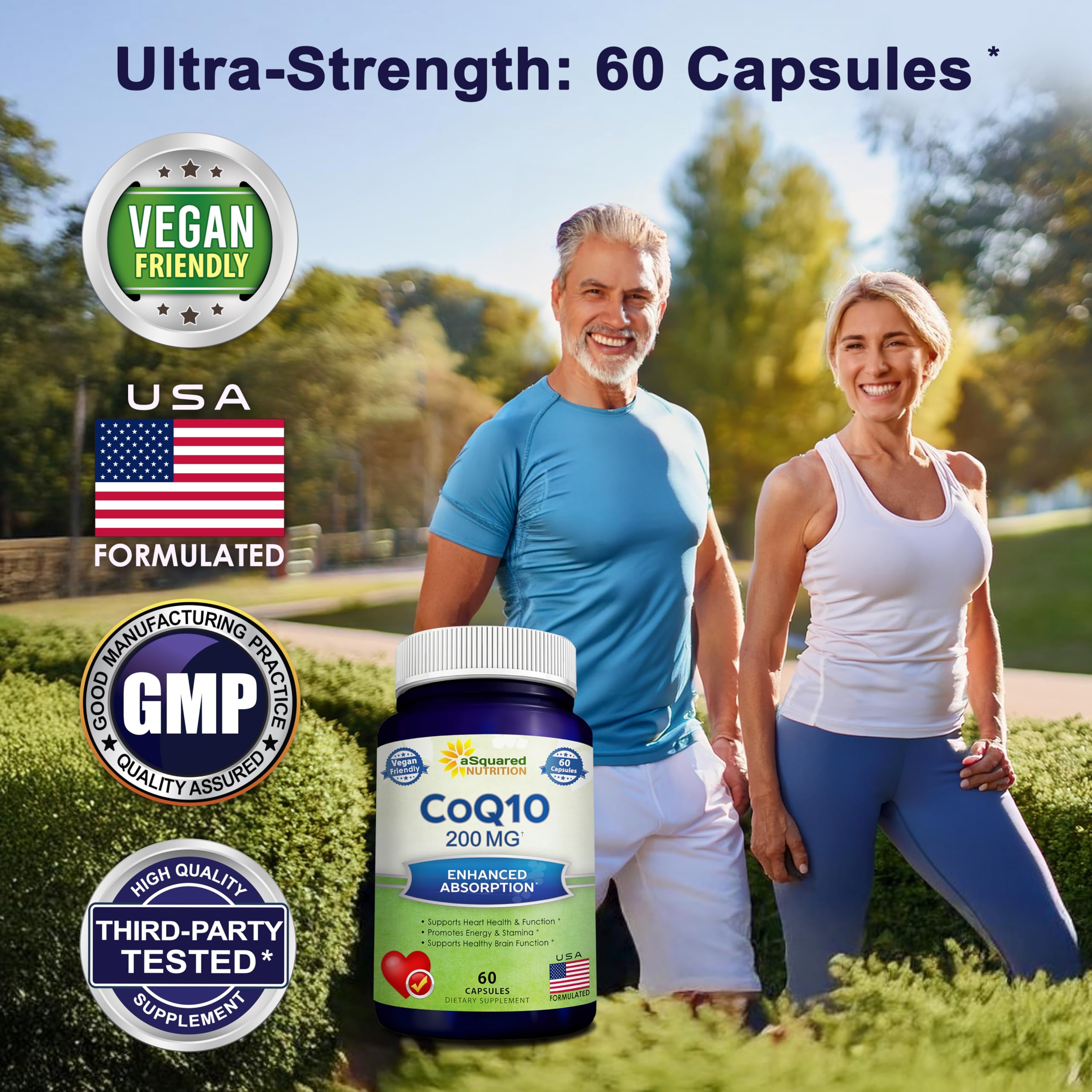 aSquared Nutrition CoQ10 200mg - 60 Capsules - CO Q 10 Supplement - Coenzyme Q10 Ubiquinone Pills - Vegan CoQ-10 Extra Antioxidant Vitamin - Alternative to Softgels & Gummies