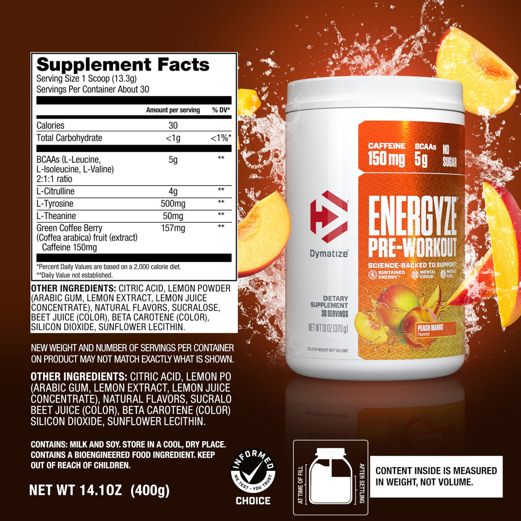 Dymatize Energyze Pre Workout Powder for Men and Women, Peach Mango, 150mg Caffeine, 5g BCAAs, Performance Blend of L-Theanine, L-Tyrosine, L-Citrulline, No Sugar (30 Servings)