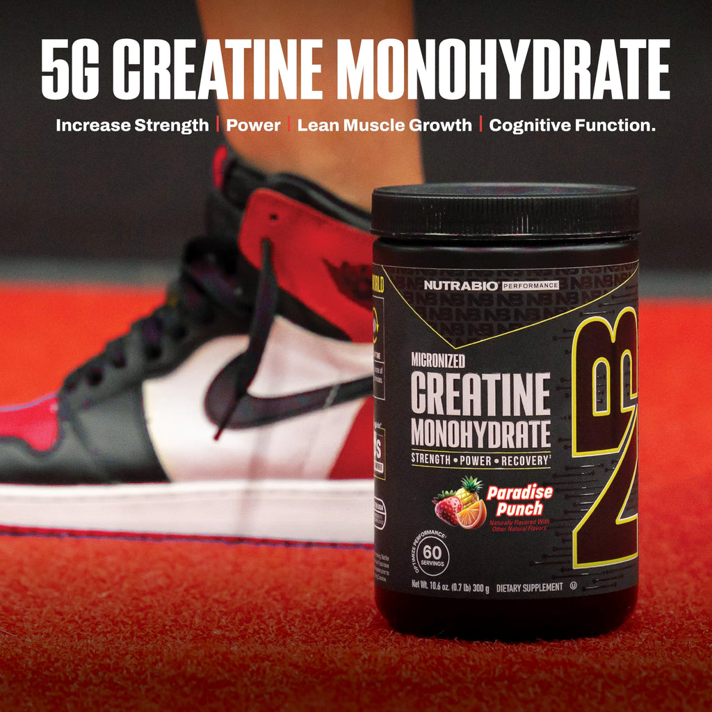 NutraBio Pure Micronized Creatine Monohydrate Powder Supplement,Paradise Punch,(300g)-Supports Bulk Muscle Energy, Recovery, and Strength-HPLC Tested Creatine Powder Supplement for Men and Women