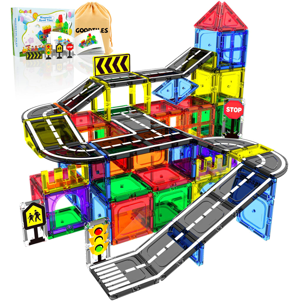 Magnetic Tiles - Road Set, Magnetic Building Blocks, Preschool Montessori Toys Gift for 3+ Year Old Boys and Girls, Sensory Christmas Toys for Kids Aged 3-5 and 4-8, Ideas for Kid with Autism