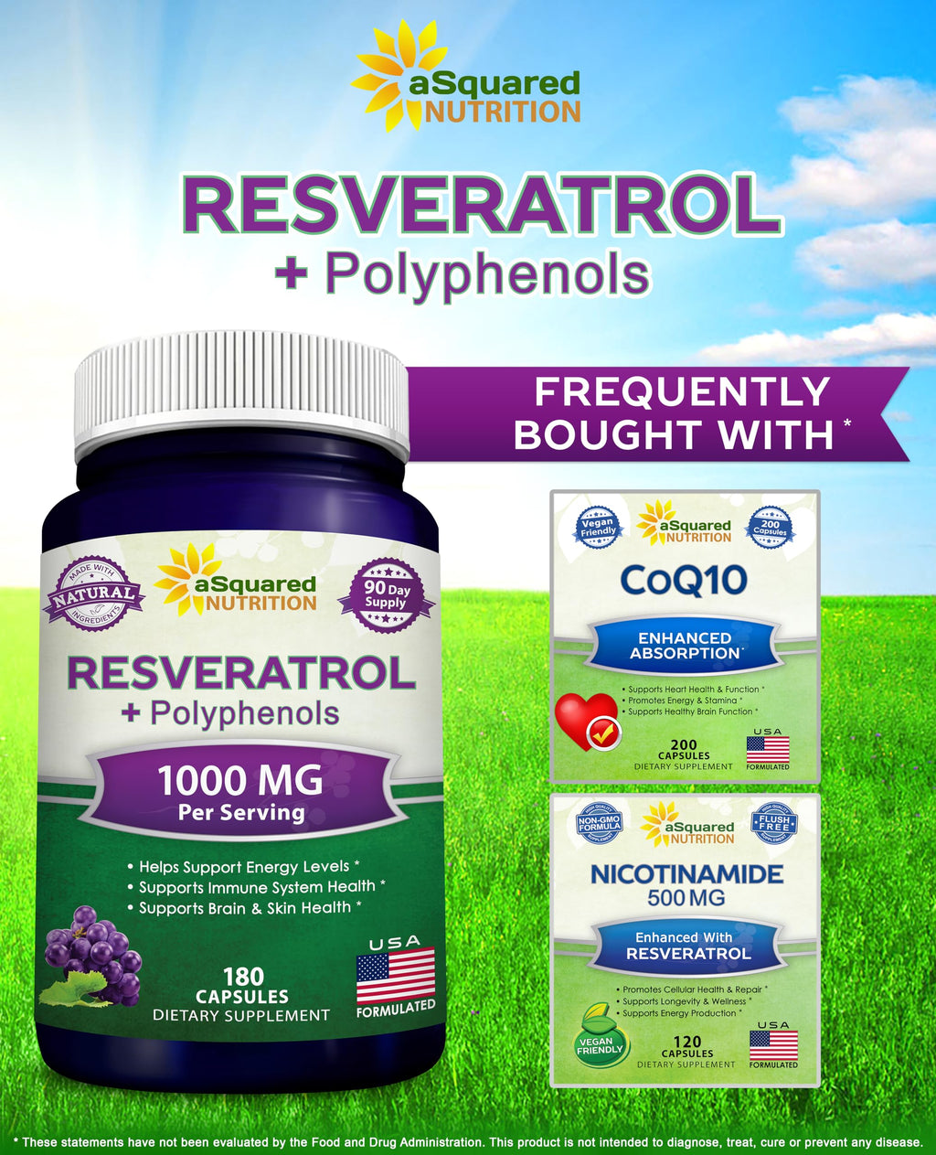 aSquared Nutrition Natural Resveratrol with Red Wine Extract - 180 Capsules - Trans Resveratrol Antioxidant Supplement Pills for Pure Heart Health - Extra Strength Trans-Resveratrol
