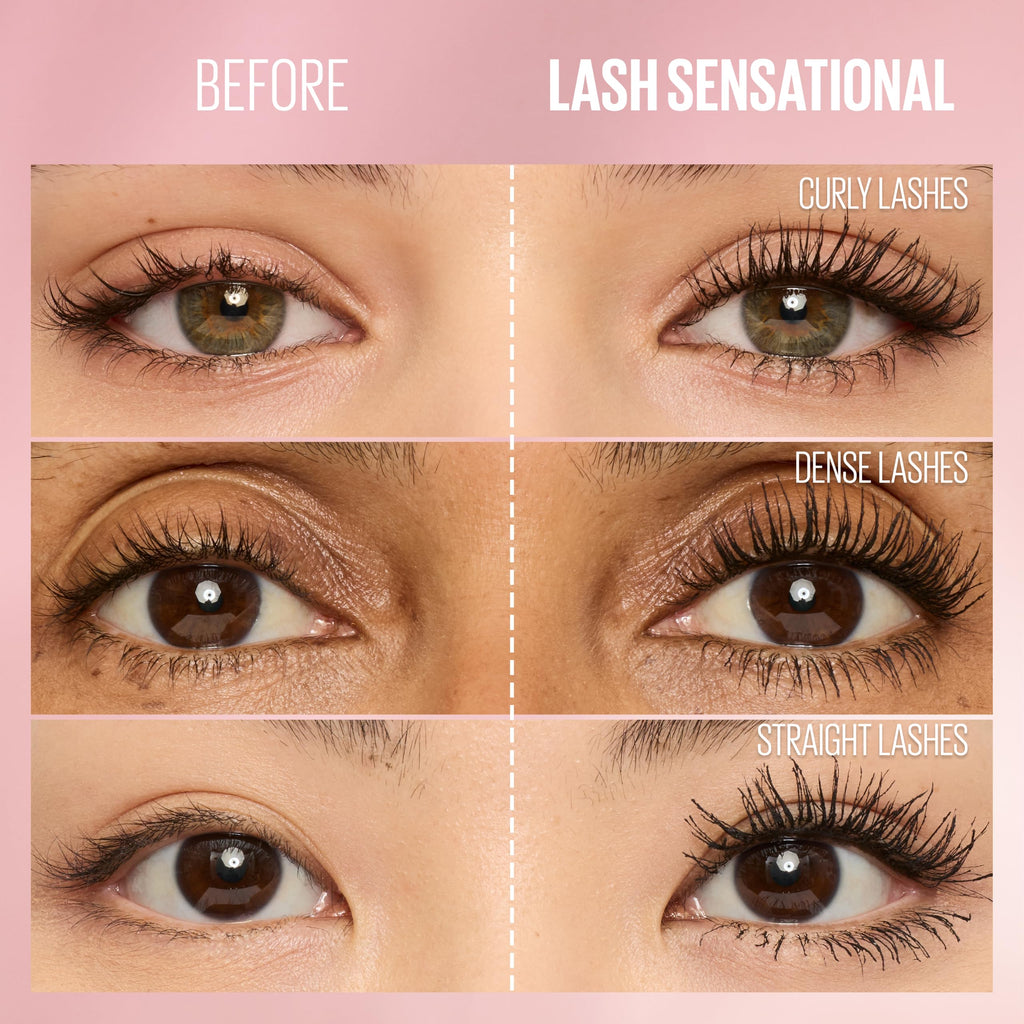 Maybelline Lash Sensational Washable Mascara, Lengthening and Volumizing for a Full Fan Effect, Blackest Black, 1 Count