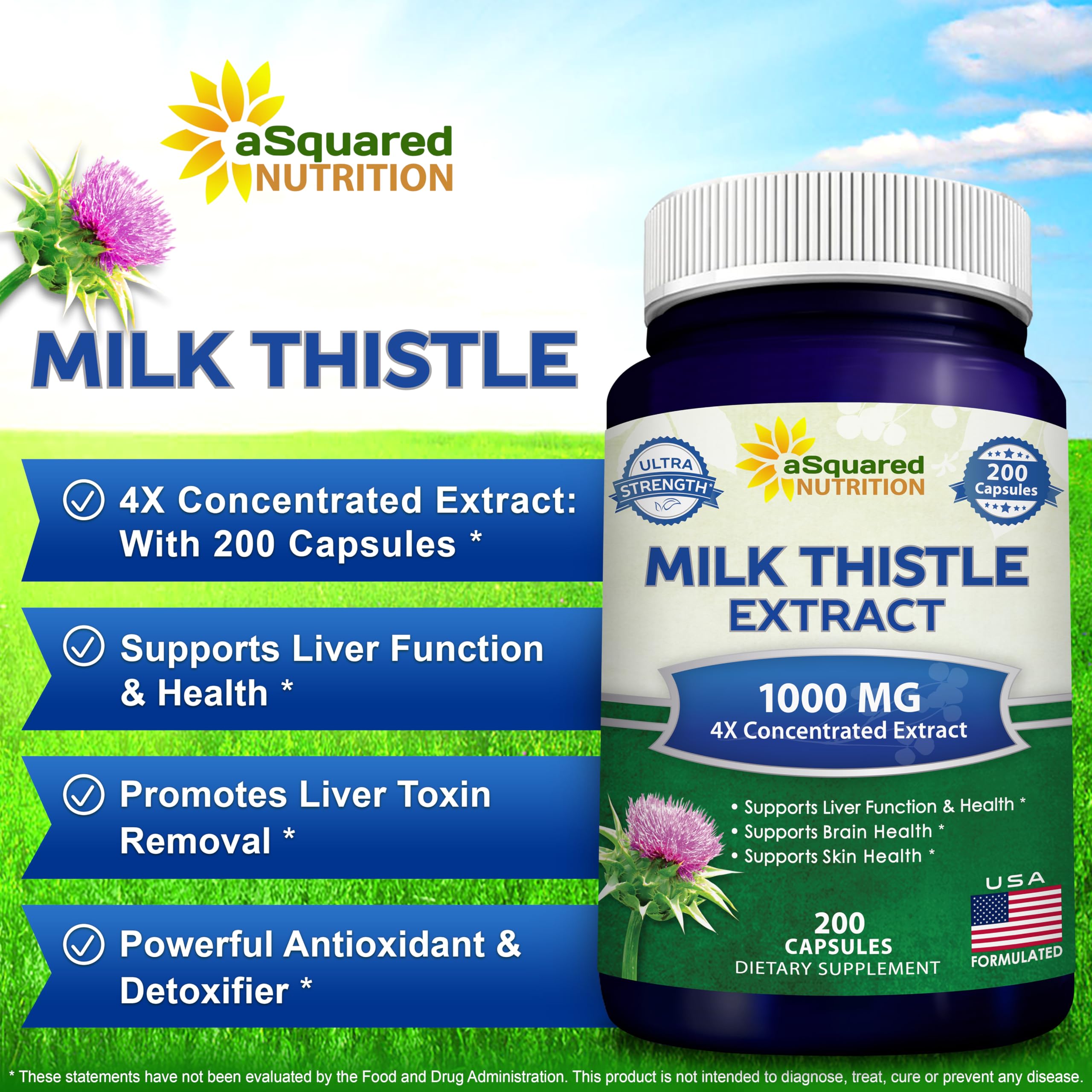 aSquared Nutrition Milk Thistle Supplement - 200 Capsules, 4X Concentrated Extract 4:1 Milk Thistle Seed Powder Herb Pills, Silymarin Extract for Liver Support, Cleanse, Detox - 250mg Per Capsule