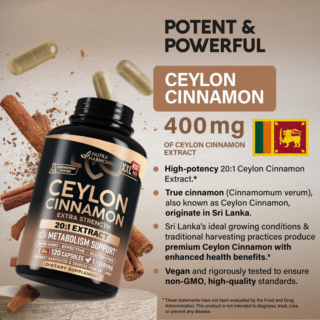 Ceylon Cinnamon Capsules - Extra Strength - Energy, Heart & Metabolism Support - for Men & Women - Pure Natural Extract 20:1 Supplement - Lab Tested - GMO & Gluten Free, 120 Capsules, 4 Month Supply