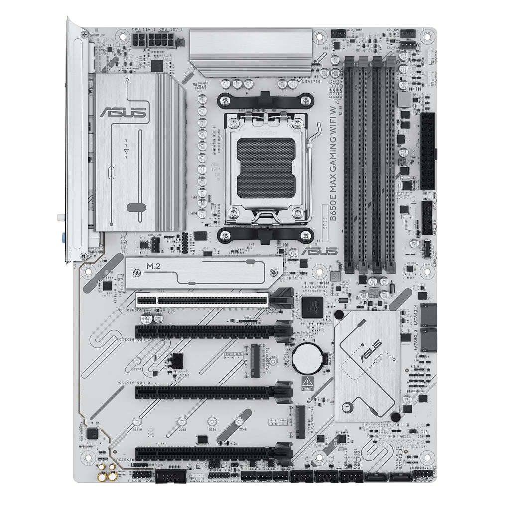 ASUS B650E MAX Gaming WiFi W – AMD B650 AM5 ATX Motherboard, White PCB, DDR5, PCIe 5.0, 3X M.2, Wi-Fi 6E, 2.5Gb LAN, USB 10Gbps Type-C, DisplayPort, HDMI™, BIOS Flashback™, Aura Sync, Advanced AI PC