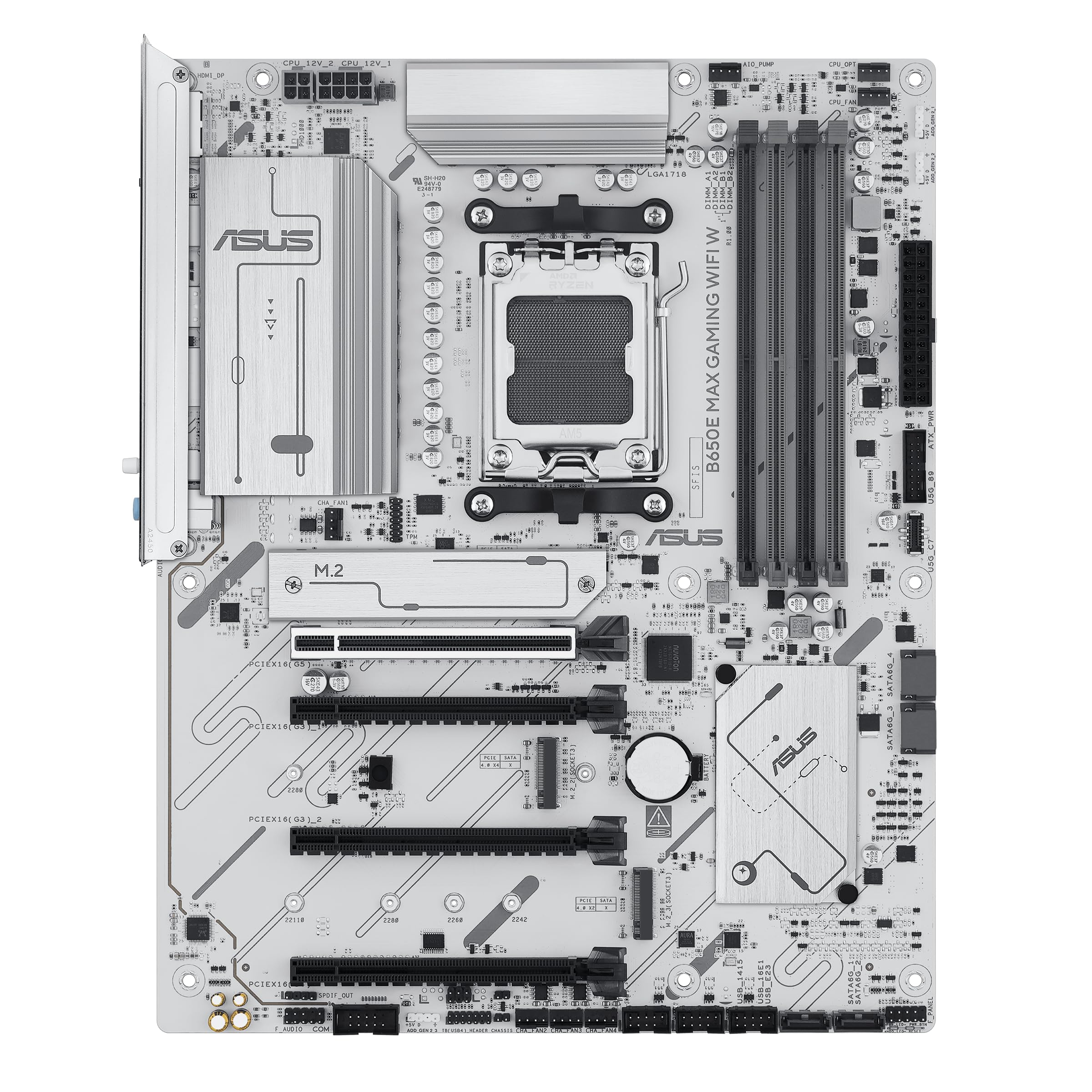 ASUS B650E MAX Gaming WiFi W – AMD B650 AM5 ATX Motherboard, White PCB, DDR5, PCIe 5.0, 3X M.2, Wi-Fi 6E, 2.5Gb LAN, USB 10Gbps Type-C, DisplayPort, HDMI™, BIOS Flashback™, Aura Sync, Advanced AI PC