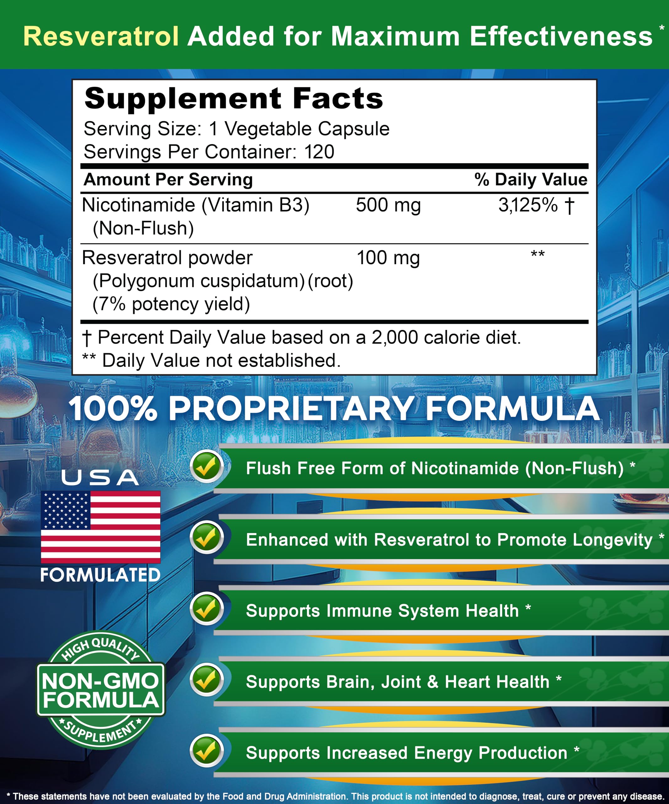 aSquared Nutrition Nicotinamide with Resveratrol - 120 Veggie Capsules - Vitamin B3 500mg (Niacinamide Flush Free) - Supplement Pills to Support NAD, Skin Cell Health & Energy (Pack of 2)