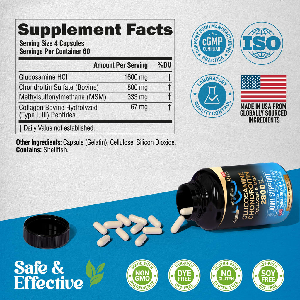 Glucosamine Chondroitin MSM Collagen | HSA | FSA Approved Product Items | Joint & Cartilage Support Supplement 2800 mg | Flexibility Nutritional Vitamins | Lab Tested | For Men & Women | 240 Capsules