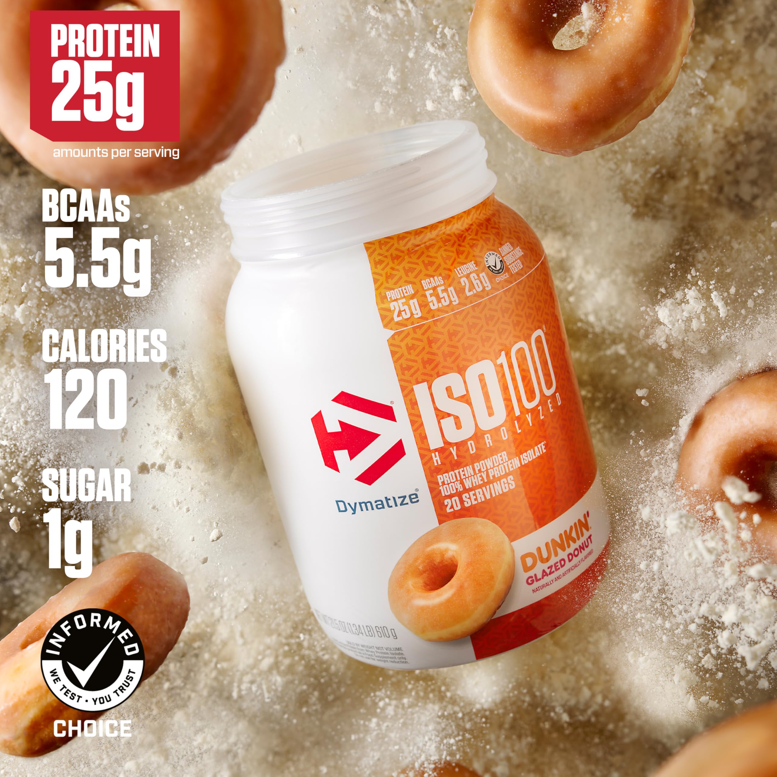 Dymatize x Dunkin' Glazed Donut ISO100 Whey Protein Powder, 25g of Protein, 5.5g BCAAs, 120 Cal., Gluten Free, 1g Fat, 1g Sugar, 2g Carb (20 Servings)