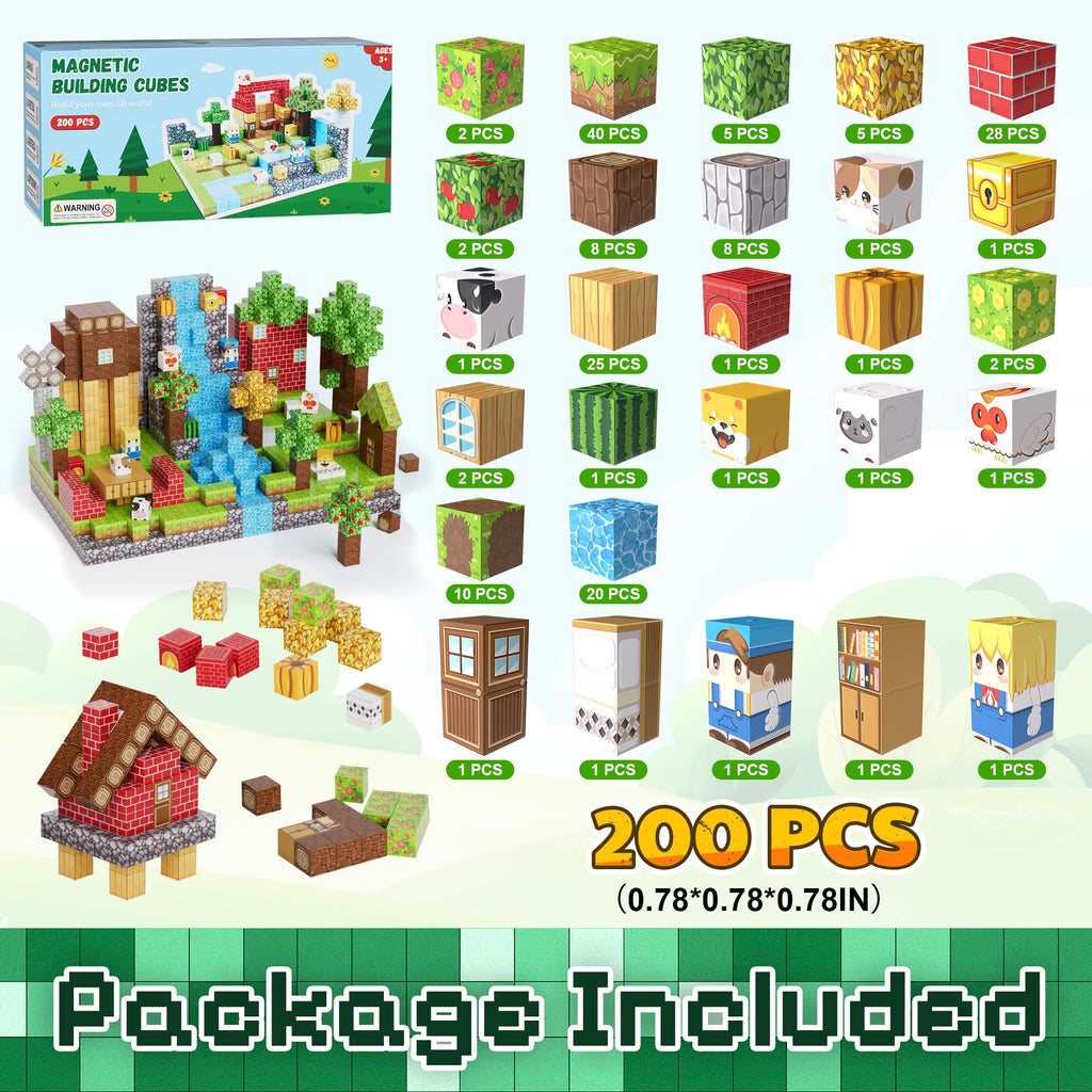 Fitrobust 200PCS Magnetic Building Blocks Set, Magnetic Tiles Kids Build Cubes STEM Game Toys, Build Forest World Set, Christmas Birthday Gifts for Boys & Girls Age 3 4 5 6 7 8 9 10, 0.78 in Size