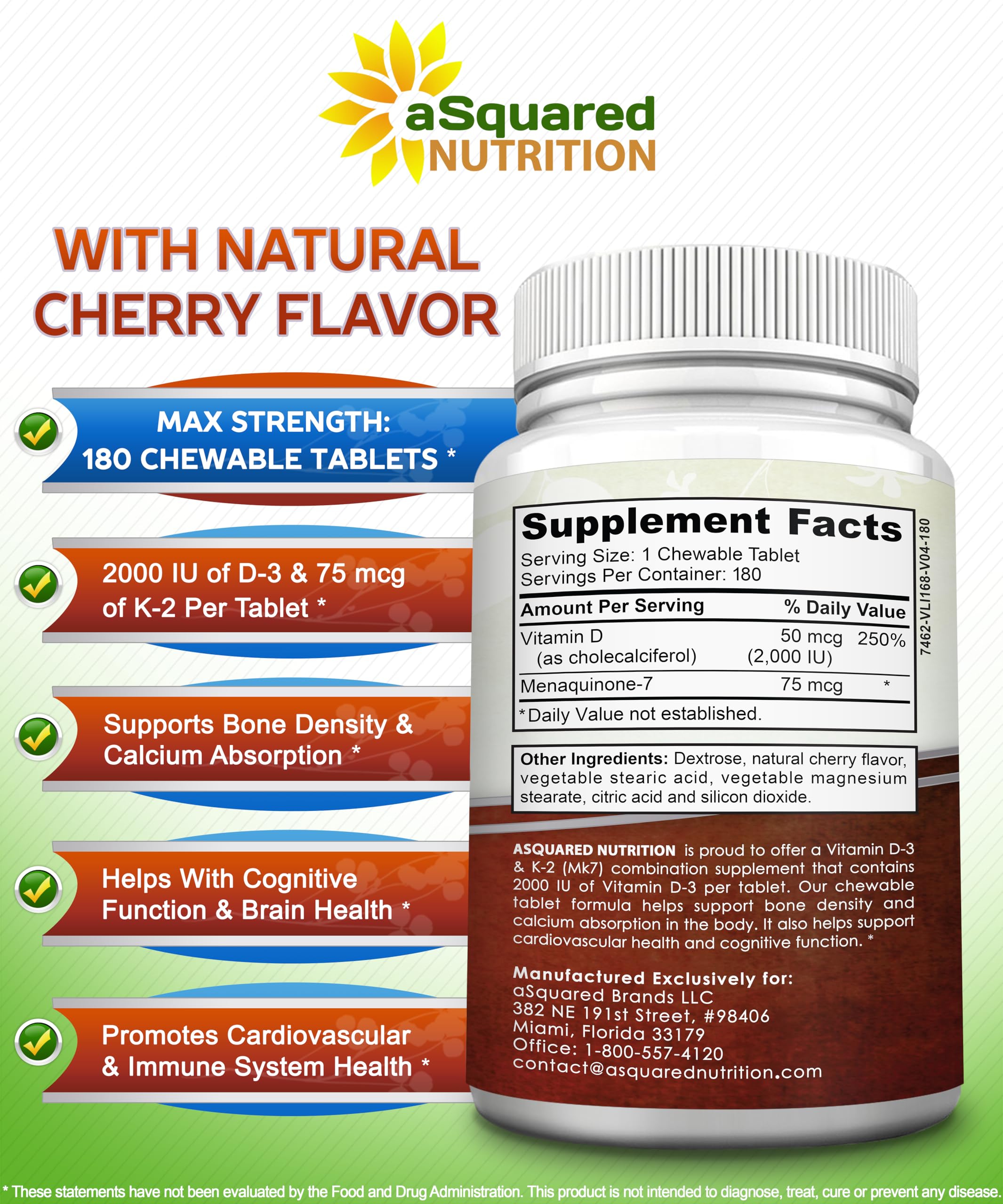 aSquared Nutrition Vitamin D3 with K2 Supplement-180 Chewable Tablets, Max Strength D-3 Cholecalciferol & K-2 MK7 to Support Healthy Bones, Teeth, Heart -Antioxidant D3 & K2 MK-7 Energy Formula Adults