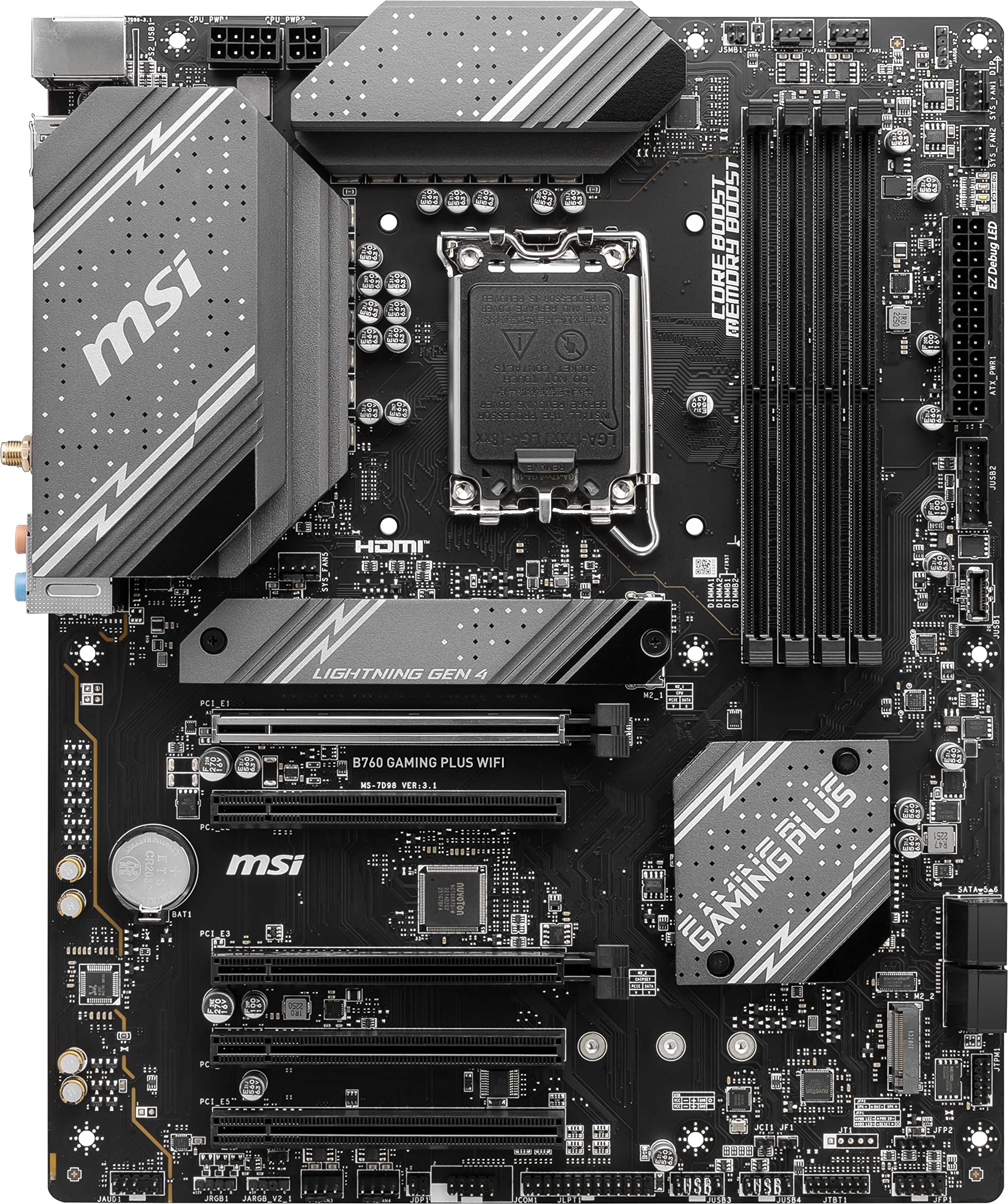MSI B760 Gaming Plus WiFi Gaming Motherboard (DDR5 Memory ONLY) for 12th/13th/14th Gen Intel Processors, LGA 1700, PCIe 4.0, M.2, 2.5Gbps LAN, USB 3.2 Gen2, HDMI/DP, Wi-Fi 6E, Bluetooth 5.3, ATX