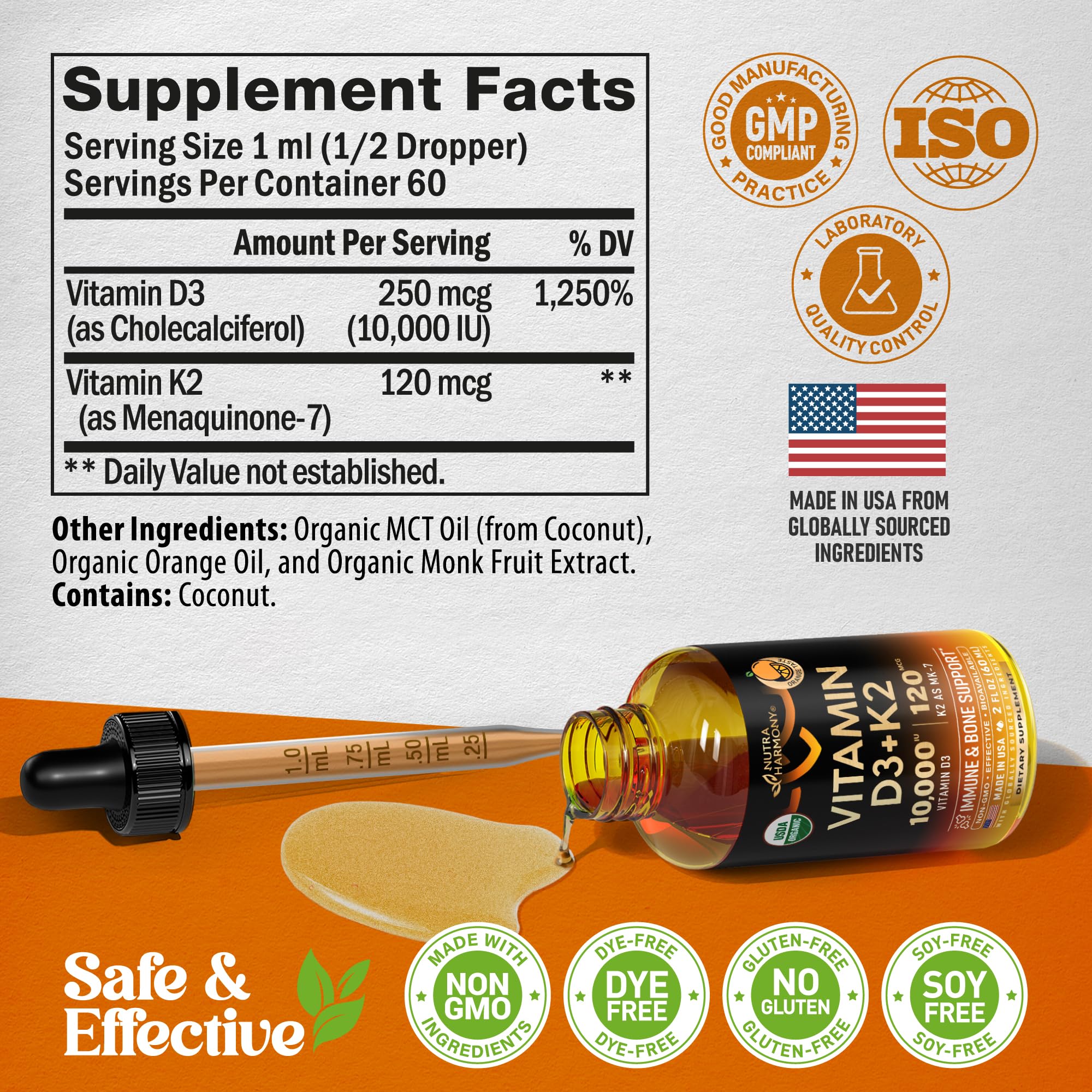 Vitamin D3 K2 USDA Organic Drops - Vitamin D3 10000 IU & K2 as MK-7 120mcg - Immune & Mood Support, Bone & Teeth Health - Sugar-Free, Orange Flavor - Liquid Supplement - 2 FL OZ, 60 Day Supply